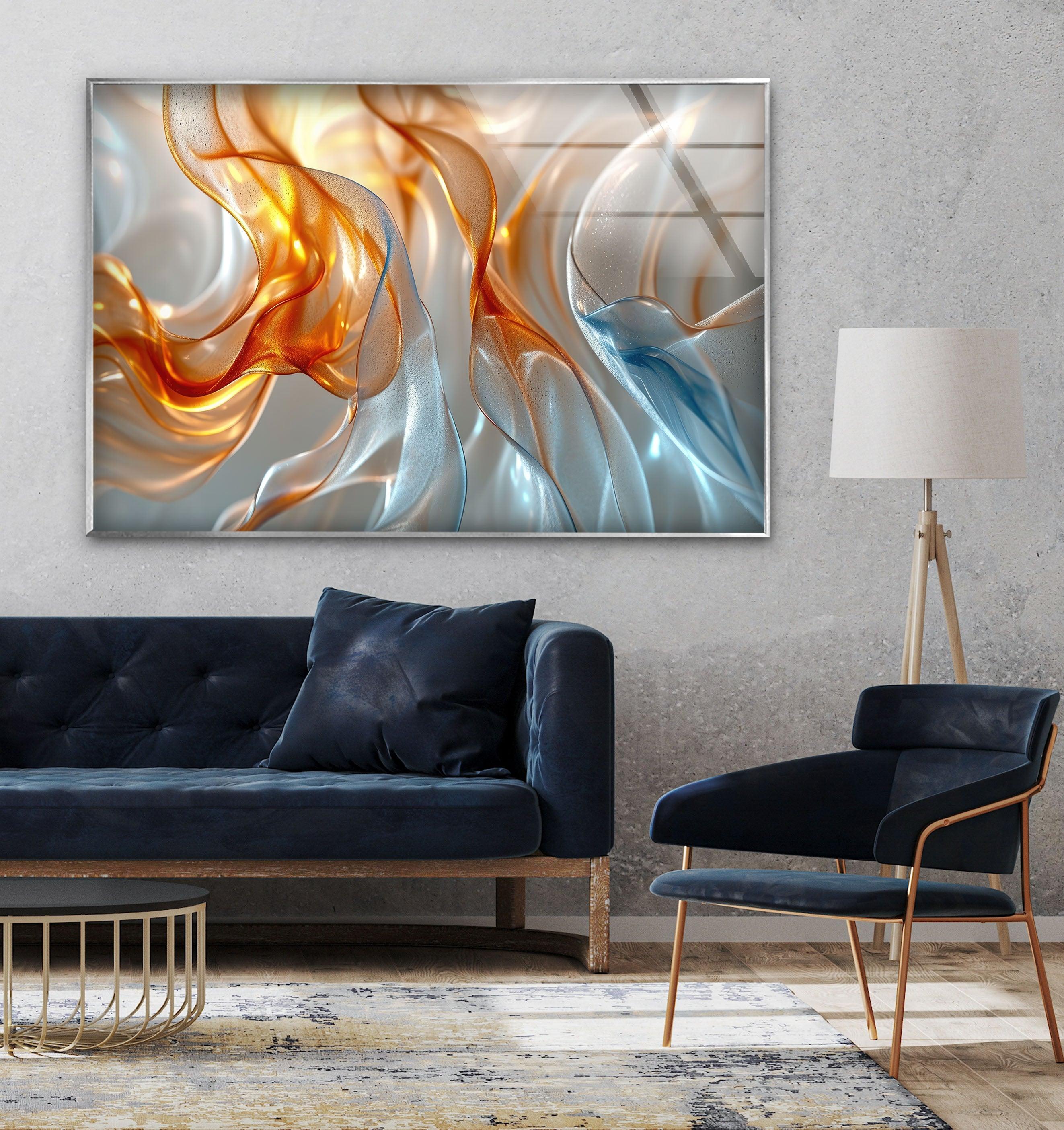 Blue and Orange Abstract Glass Wall Art - Modern Handmade Decor for Living Room, Bedroom & Office - Unique Gift Idea for Home & Interior Design