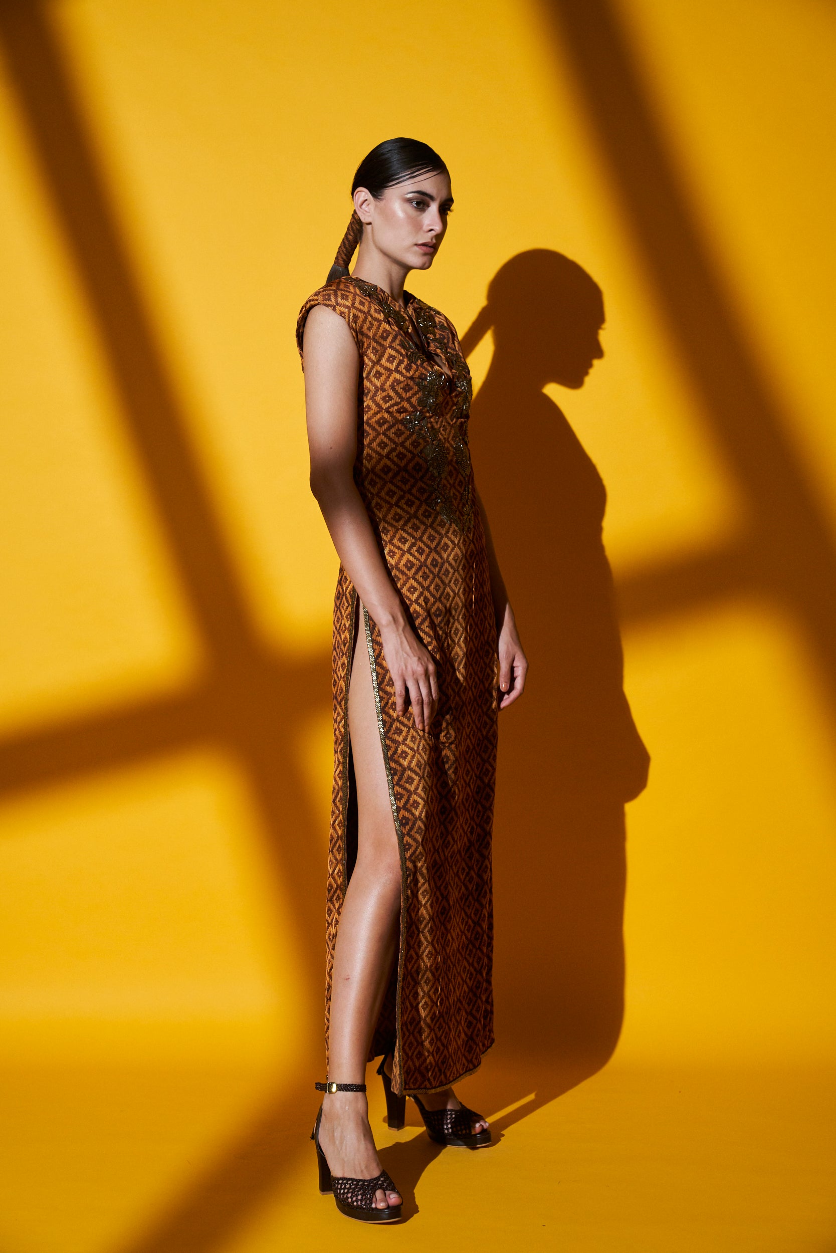 Beige Brown Basket Weave Print Hand Embellished Side Slit Maxi Dress for Women - Elegant Boho Chic Summer Dress for Beach Wedding, Party & Vacation