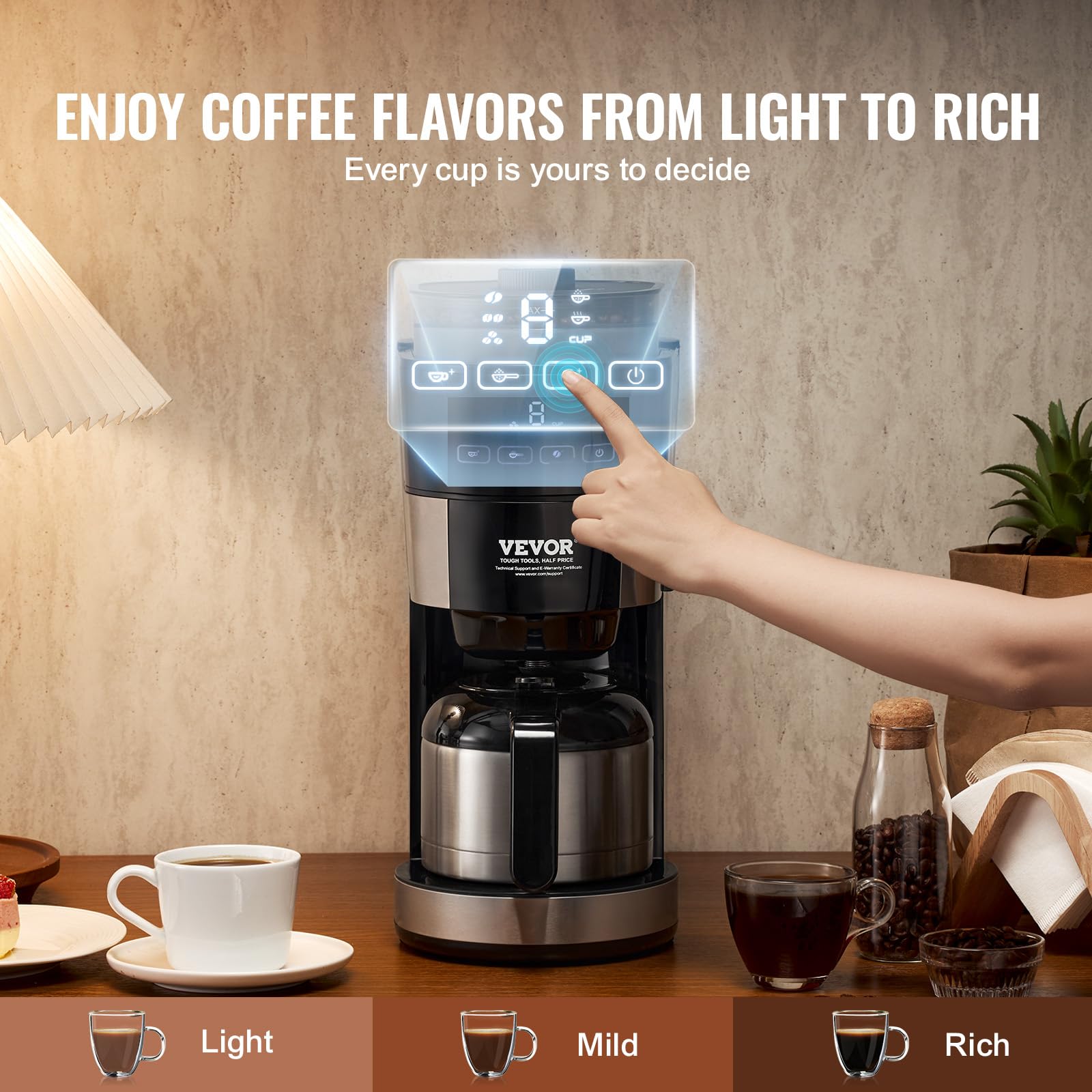 VEVOR 8-Cup Programmable Coffee Maker with Built-in Grinder - 3 Brew Strength Control, Reusable Filter & Removable Water Tank - Perfect for Home, Office & Restaurant Use - Freshly Ground Coffee Anytime