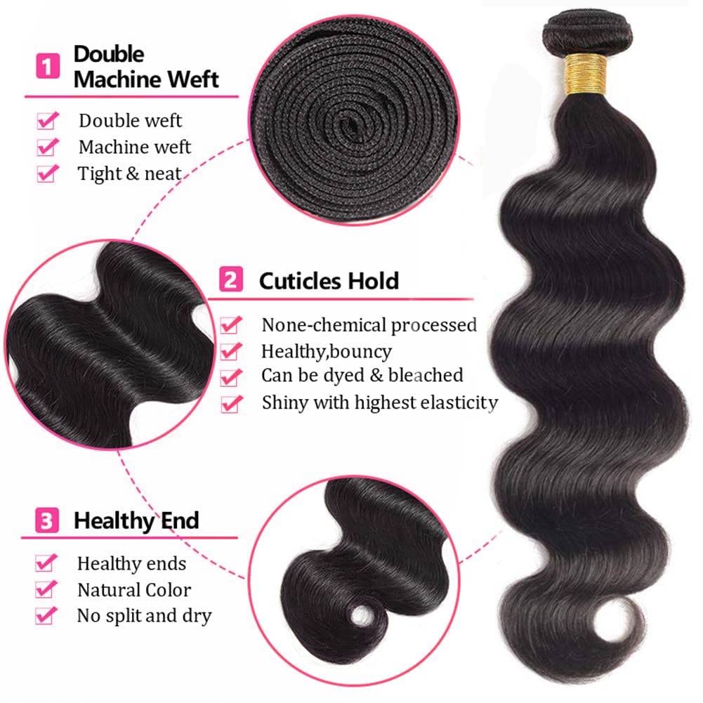 22 24 26 Inch Body Wave Human Hair Bundles - 100% Unprocessed Brazilian Virgin Hair Extensions (3 Bundles, Natural Black) for Styling, Weaving & Everyday Glamour