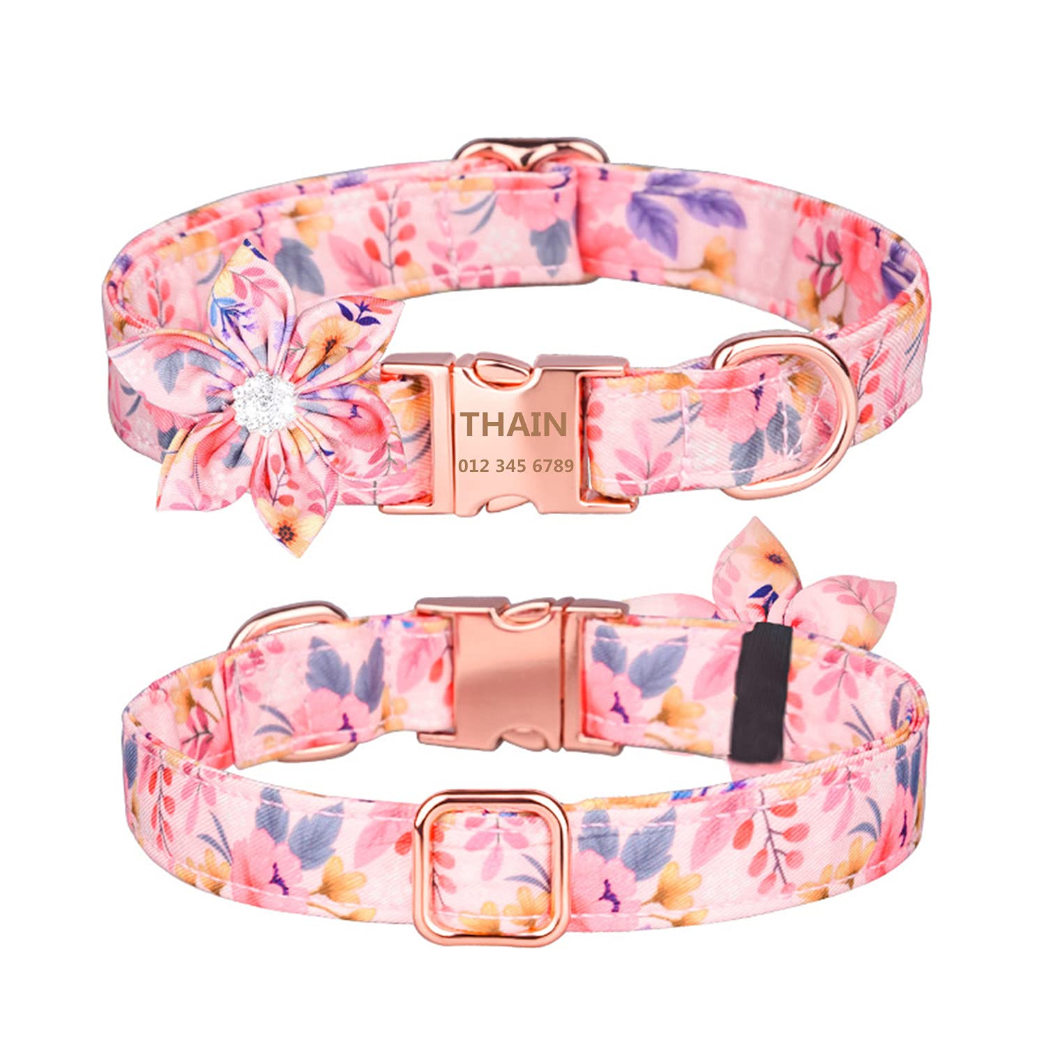 Custom Personalized Floral Dog Collar for Female Dogs - Engraved Name, Rose Gold Buckle, Adjustable (12.2-19.6