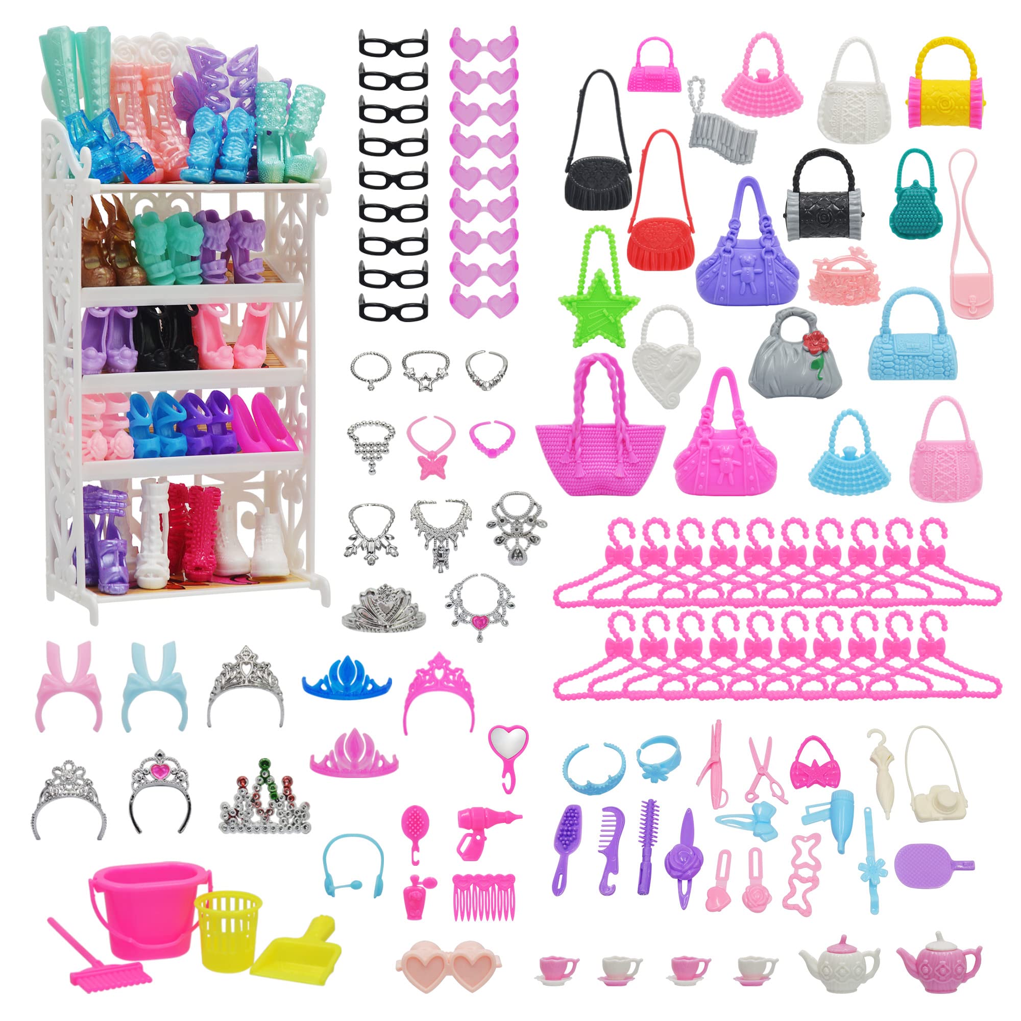161 PCS 11.5 Inch Fashion Doll Wardrobe Set with Clothes, Shoes, Hangers & Accessories - Perfect for Pretend Play, Dress Up Games & Dollhouse Decor (Includes Dresses, Swimsuits, Crown, Necklace & More)