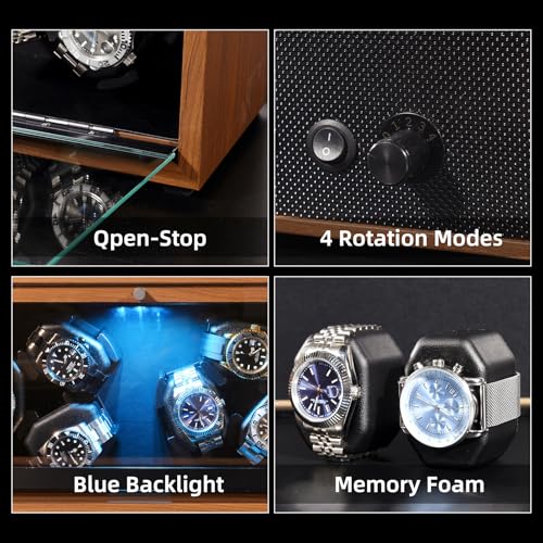 Automatic Watch Winder Box with 6 Watch Capacity - Super Quiet Motor, 4 Rotation Modes & Blue LED Backlight - Premium Wooden Watch Rotator for Men - Perfect Watch Storage & Display Case for Luxury Timepieces (SKW168) - Ideal for Watch Collectors, Travel Storage & Display Cabinets