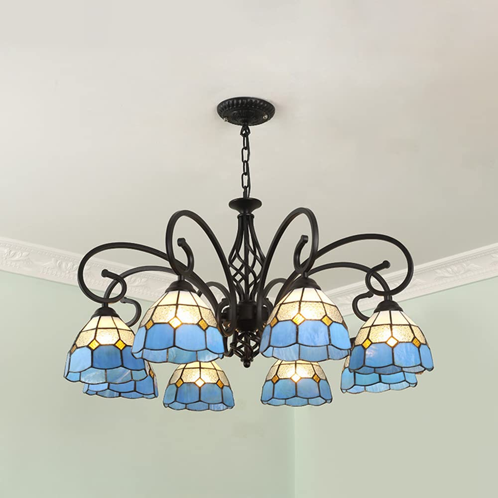 BAYCHEER Farmhouse Tiffany 8-Light Chandelier - White & Blue Stained Glass Pendant Light with Black Finish - Vintage Round Grid Hanging Lamp for Living Room, Dining Room, Bedroom & Foyer Decor