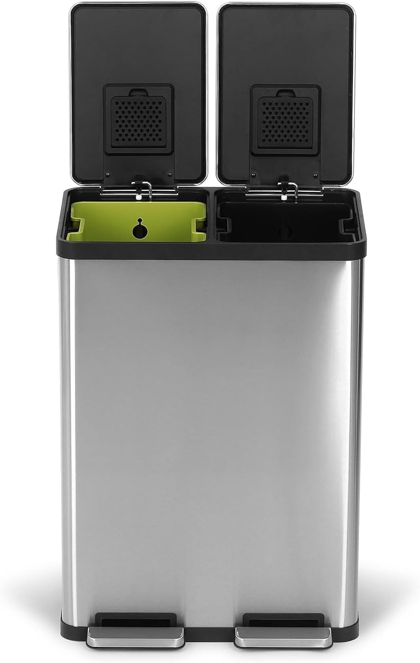 SIMPLI-MAGIC 60L/16 Gallon Hands-Free Dual Compartment Step Trash Can with Soft-Close Lid - Brushed Stainless Steel Kitchen Waste Bin (30L x 30L Capacity) for Recycling, Composting & Household Use