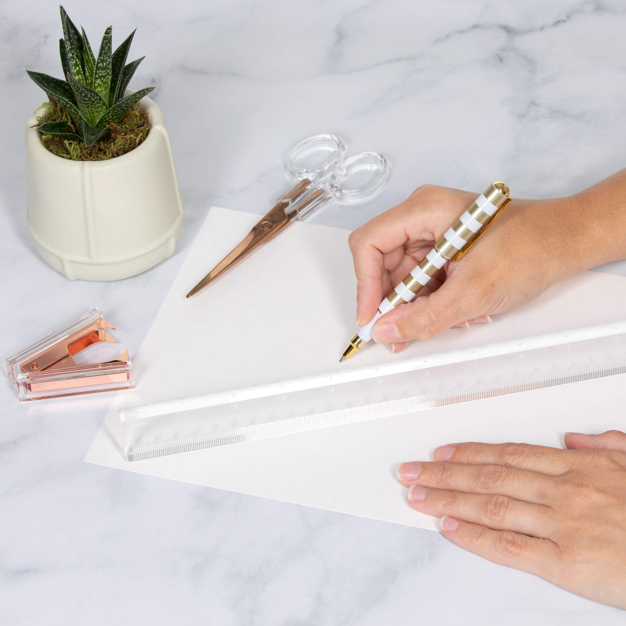 Rose Gold & Clear Acrylic Lucite Scissors, Staple Remover & Ruler Set - Premium Office Desk Accessories for Organizing, Crafting & Gift Giving - Stylish Stationery Supplies for Home Office, School & Workspace