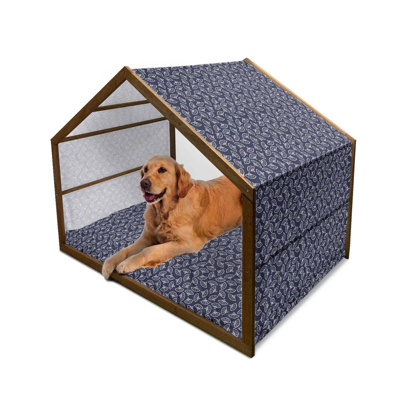 Ambesonne Geometric Wooden Dog House - Hand Fan Pattern, Oriental Kimono Design, Indoor & Outdoor Portable Pet Kennel with Pillow & Cover, 2X-Large, Dark Blue & Cream | Perfect for Backyard, Patio, or Home Decor