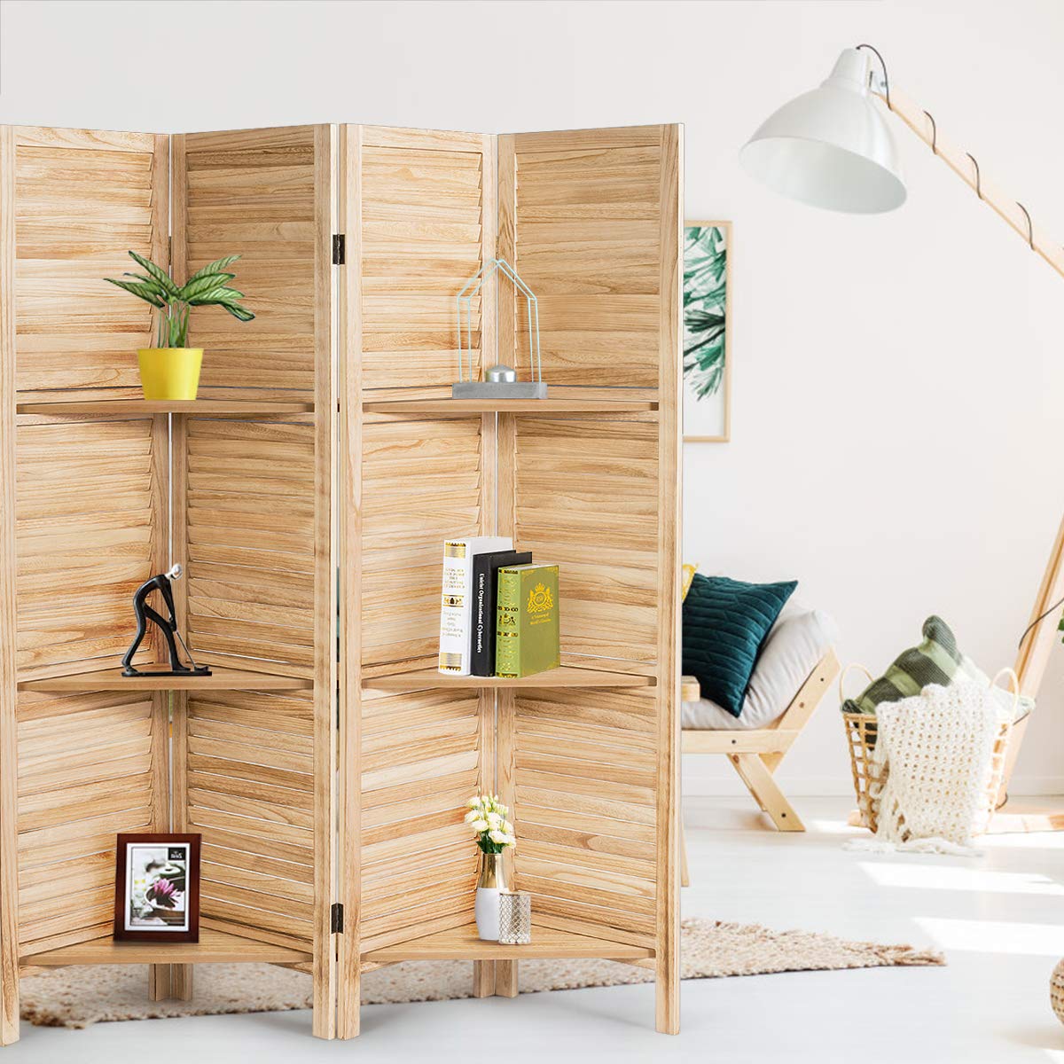 Giantex 4-Panel Room Divider with Shelves - 5.6Ft Foldable Privacy Screen & Partition Wall - Natural Wood Finish - Perfect for Home Office, Bedroom Separation, and Studio Privacy