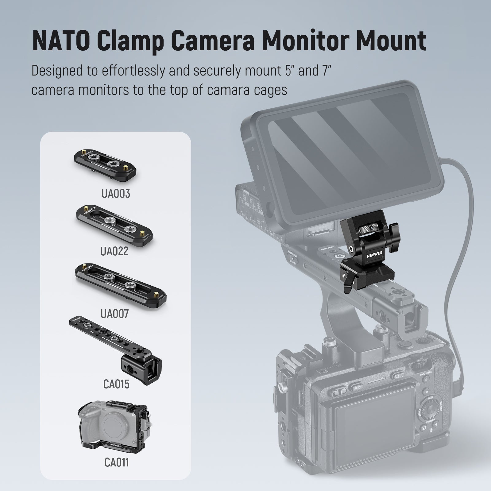 NEEWER MA005 Universal Camera Monitor Mount with NATO Clamp - Compatible with DSLR, Mirrorless Cameras & Video Monitors - Perfect for Vlogging, Filmmaking & Studio Photography