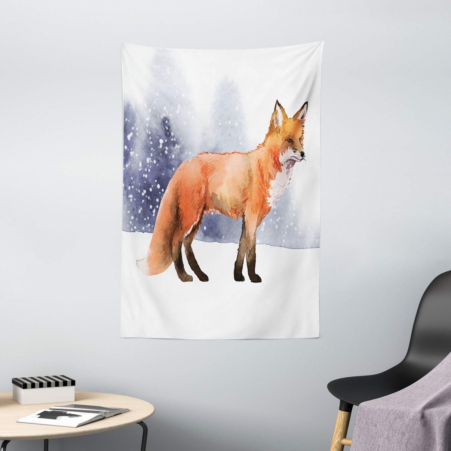 Ambesonne Fox Tapestry Wall Art - Winter Snow Animal Painting Wall Hanging Decor for Bedroom, Living Room, Dorm (40x60 Inches, Indigo Burnt Orange) | Perfect for Cozy Home Decor & Bohemian Room Aesthetics