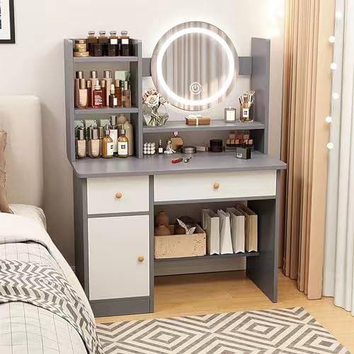 Vanity Desk with Mirror & LED Lights - 3 Lighting Modes, Makeup Table with Drawers, Dressing Table for Bedroom, Multifunctional Writing Desk (Grey) | Perfect for Makeup, Skincare & Home Office Workspace