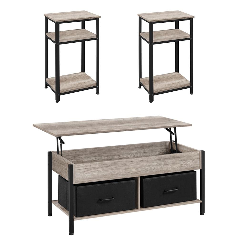 Yaheetech 3-Piece Coffee Table Set - Lift Top Coffee Table with Storage Baskets & Hidden Compartment, 2 Industrial End Tables with 2-Tier Shelves, Gray - Perfect for Living Room, Home Office & Small Spaces