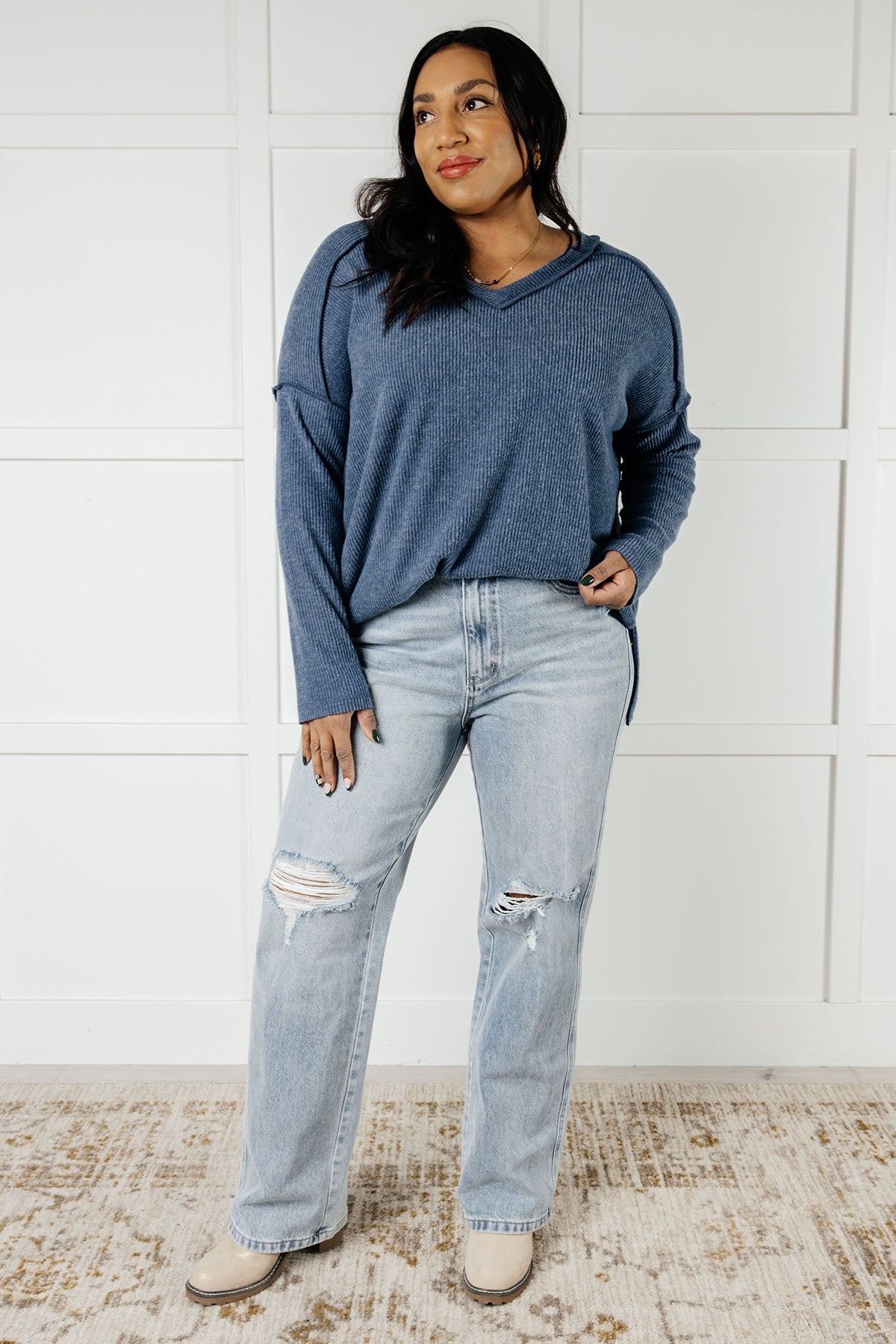 Soft Brushed Hacci Sweater Top in Dusty Blue | Cozy Winter Pullover for Women | Perfect for Casual Outfits & Layering in Cold Weather