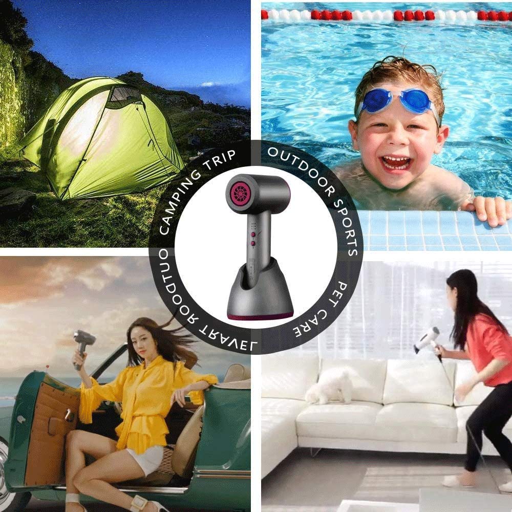 Rechargeable Cordless Hair Dryer - 300W Portable Wireless Hairdryer with Hot & Cold Air for Travel, Camping, Home & Outdoor Use | Fast Drying for Styling On The Go