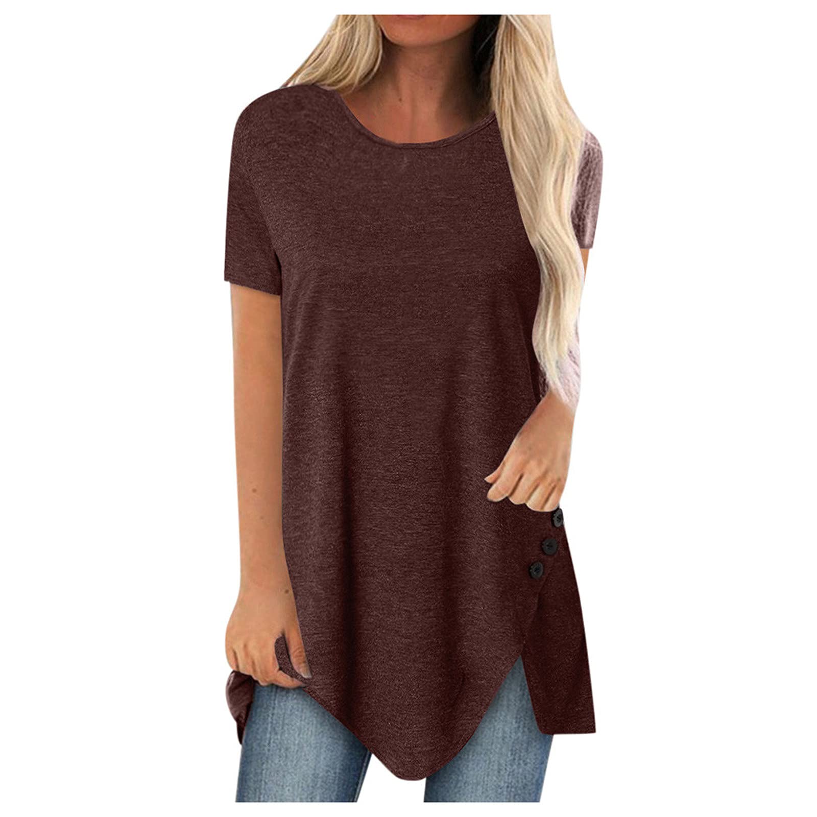 Fragarn Women's Plus Size Summer Tops 2022 - Casual Button Decor Round Neck Short Sleeve T-Shirt & Irregular Blouse | Perfect for Beach Outings, Casual Wear, and Summer Fashion