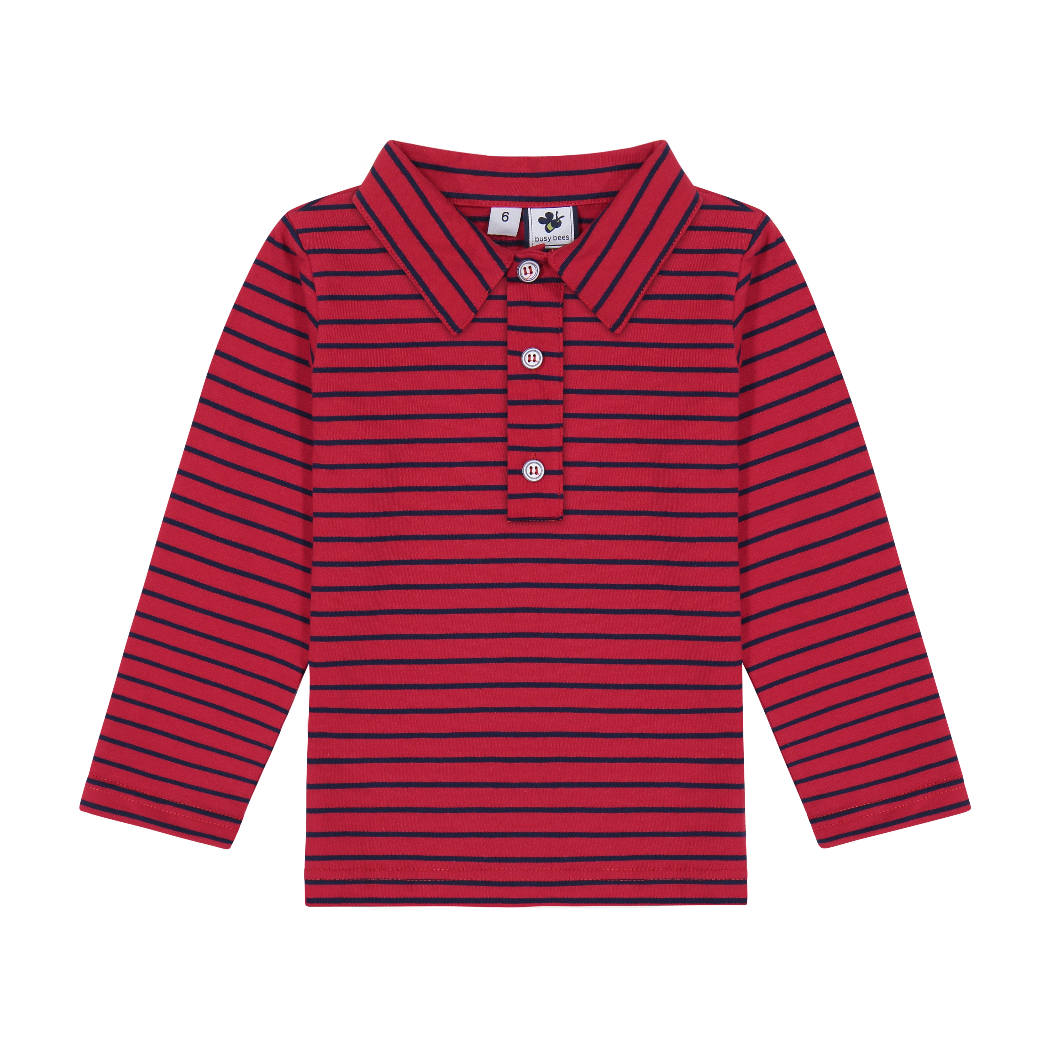 Boys Long Sleeve Polo Shirt - Red & Navy Striped Casual Button Down Top for School, Playdates & Family Outings