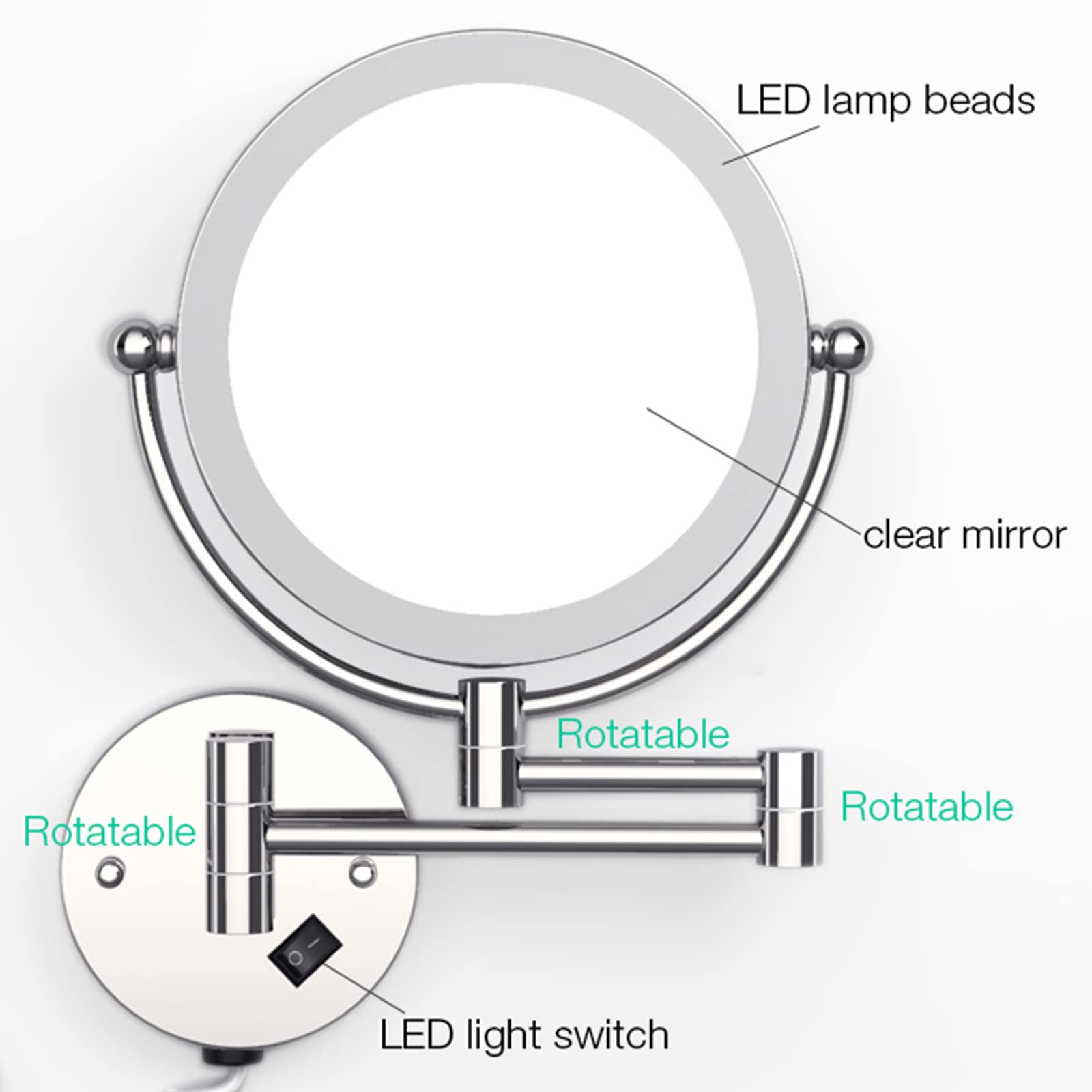 LED Makeup Mirror with Lights - Double Sided 1X/10X Magnifying Vanity Mirror, 360° Swivel & Extendable Wall Mounted Chrome Bathroom Mirror for Perfect Makeup Application & Skincare Routine
