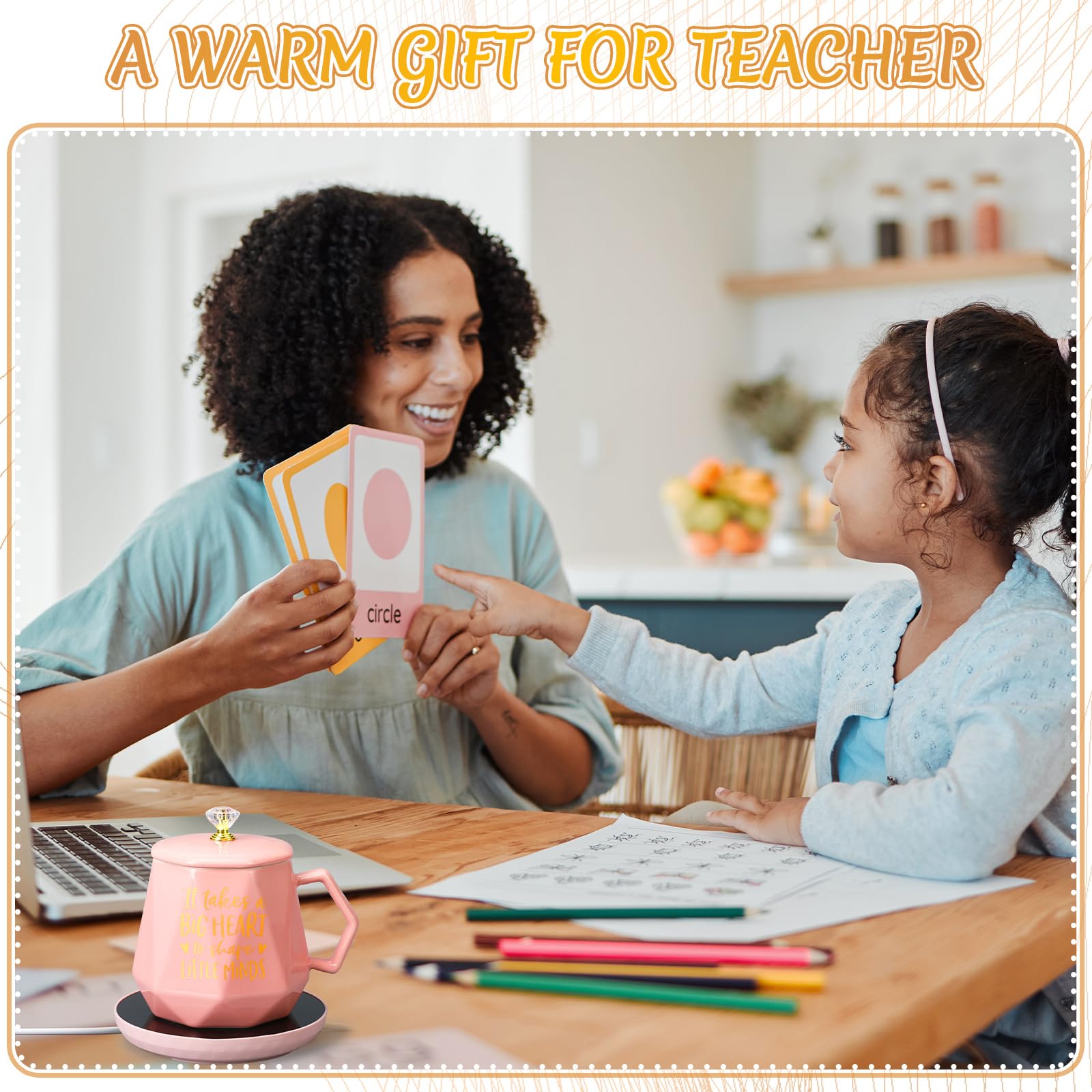 Electric Coffee Mug Warmer Set - 13.5 oz Teacher Appreciation Gift with 'It Takes a Big Heart to Shape Little Minds' Quote - Perfect for Teacher's Day, Women Educators & Teacher Week - Ideal for Classroom, Office or Home Use to Keep Drinks Warm