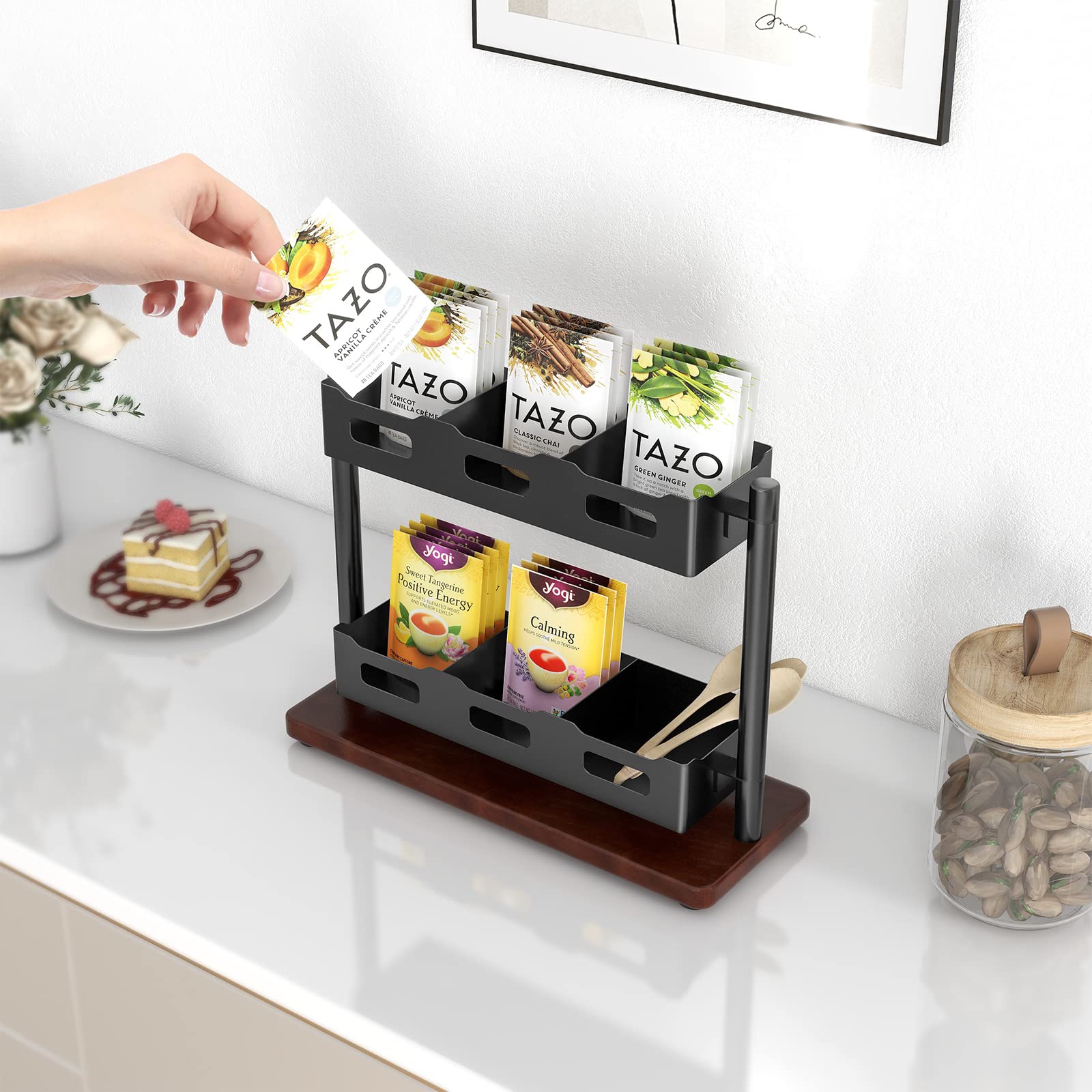 2-Tier Wooden Tea Bag Organizer - Vertical Countertop Tea Storage Rack for Tea Bags - Black Solid Wood Tea Holder - Perfect for Kitchen Countertops, Pantry Organization & Tea Lovers' Gift