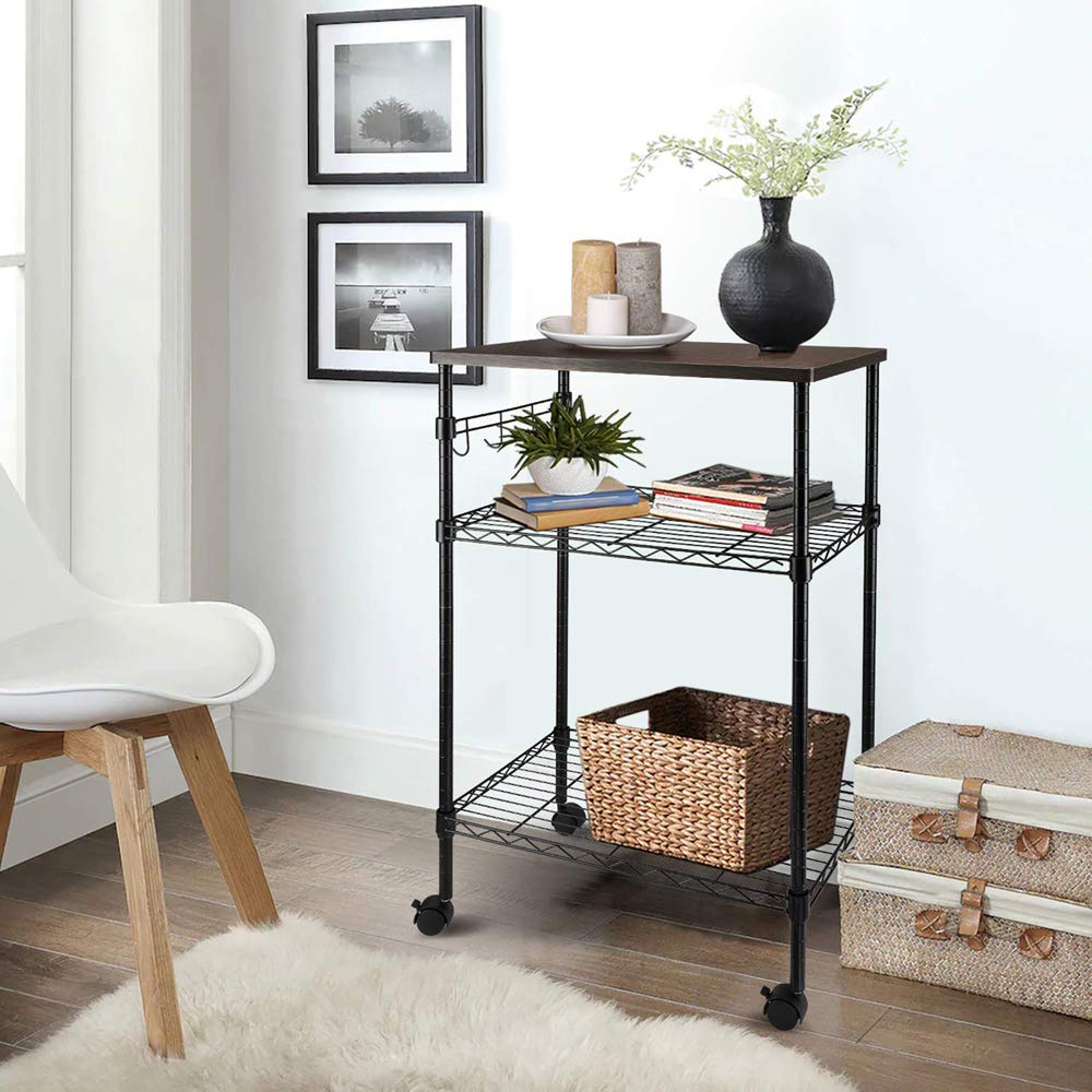 3-Tier Kitchen Cart with Wheels - Wood & Black Storage Rack for Microwave & Pantry Organization