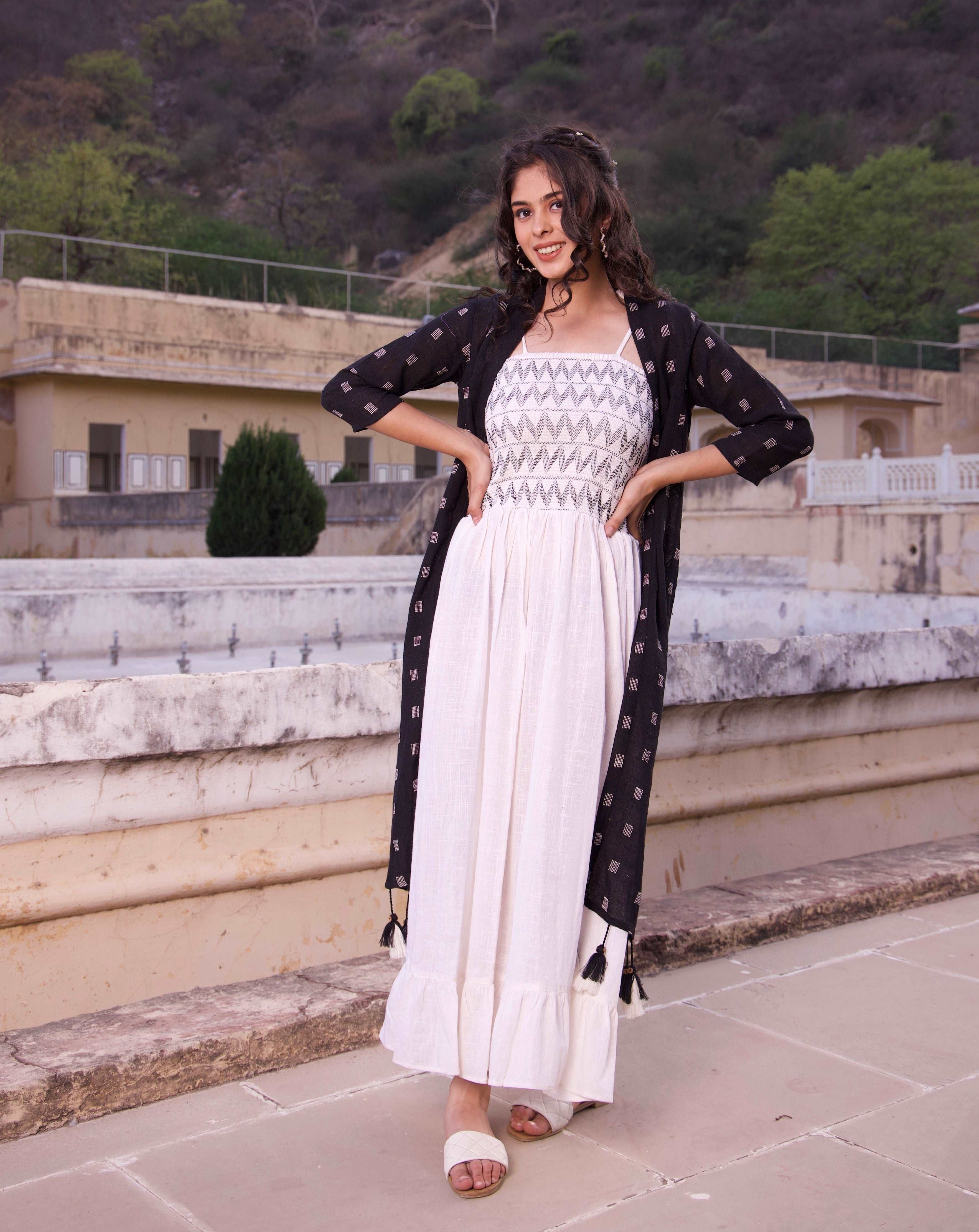 Black and White Maxi Dress with Jacket - Stylish Women's Long Dress for Casual Wear, Parties & Special Occasions