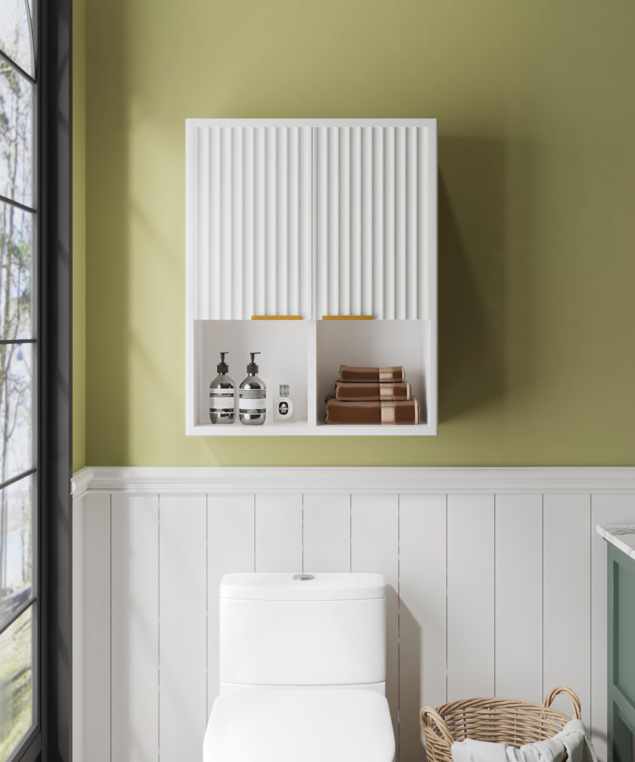 HAIOOU Modern White Fluted Bathroom Wall Cabinet with Motion Sensor Light - Wooden Medicine Storage Cabinet with Buffering Hinges, Over Toilet Organizer for Bathroom, Bedroom & Vanity Decor