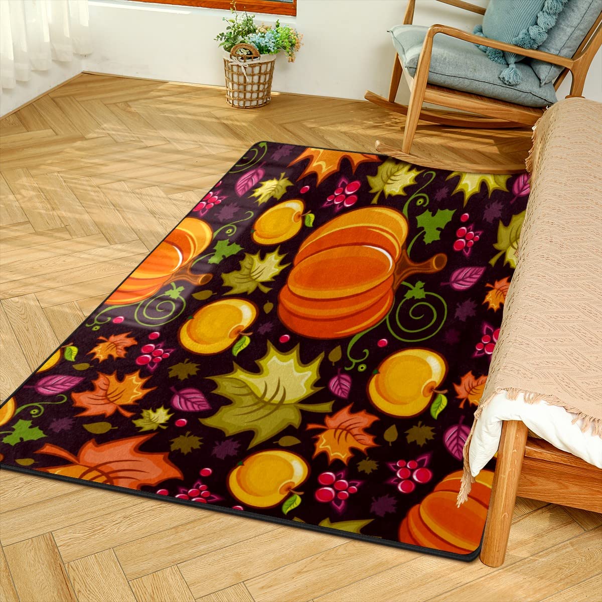 Non-Slip Sponge Velvet Area Rug 80x58 Inch - Soft Kitchen Floor Runner for Bedroom, Living Room & Dining Room - Halloween & Autumn Decor with Pumpkin Maple Leaf Design - Perfect for Home Decor, Seasonal Celebrations & Cozy Indoor Spaces