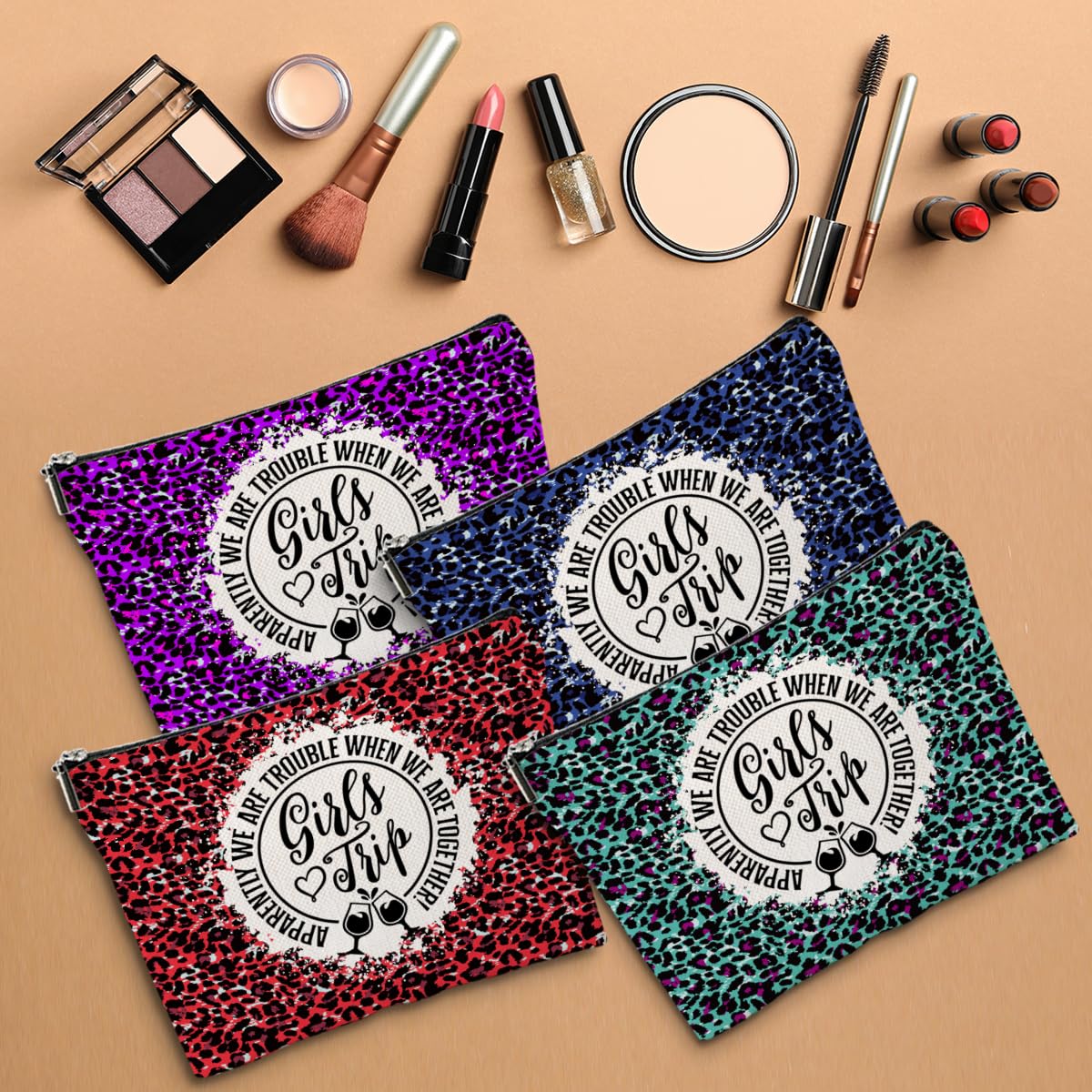 4 Pcs Girls Trip Makeup Bags - Cute Cosmetic & Toiletry Bags for Women, Perfect for Bachelorette Parties, Bridesmaid Gifts, Birthday & Friendship Presents - Ideal for Weekend Getaways, Summer Vacations & Travel Essentials (2024 Collection)