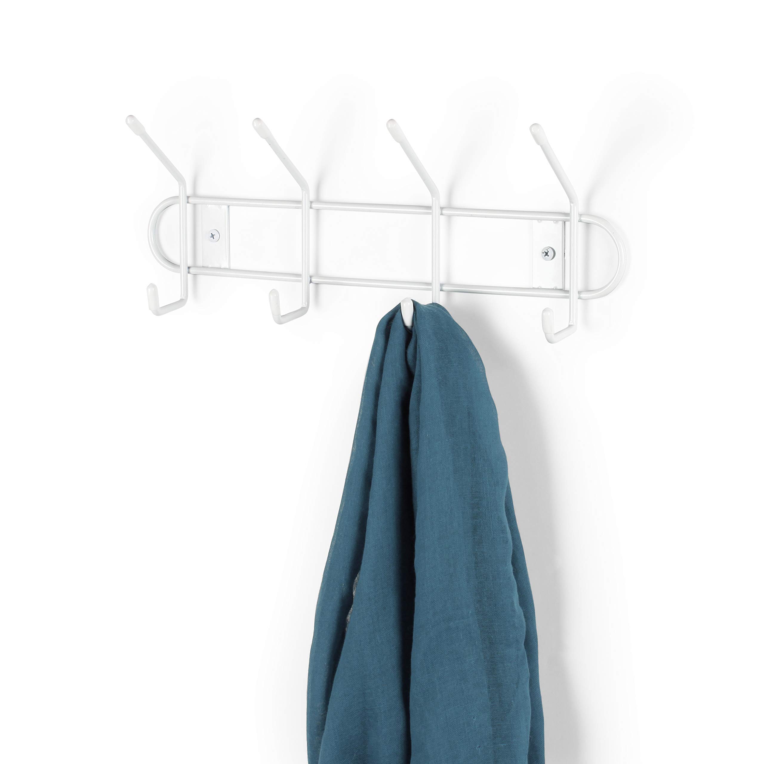 Spectrum Diversified 4-Hook Wall Mount Rack - Heavy Duty Steel Coat Hanger with Rubberized Ends for Closet, Entryway & Garage Organization - White (60400-24) - Perfect for Hanging Coats, Hats, Bags & Accessories in Home & Office Spaces