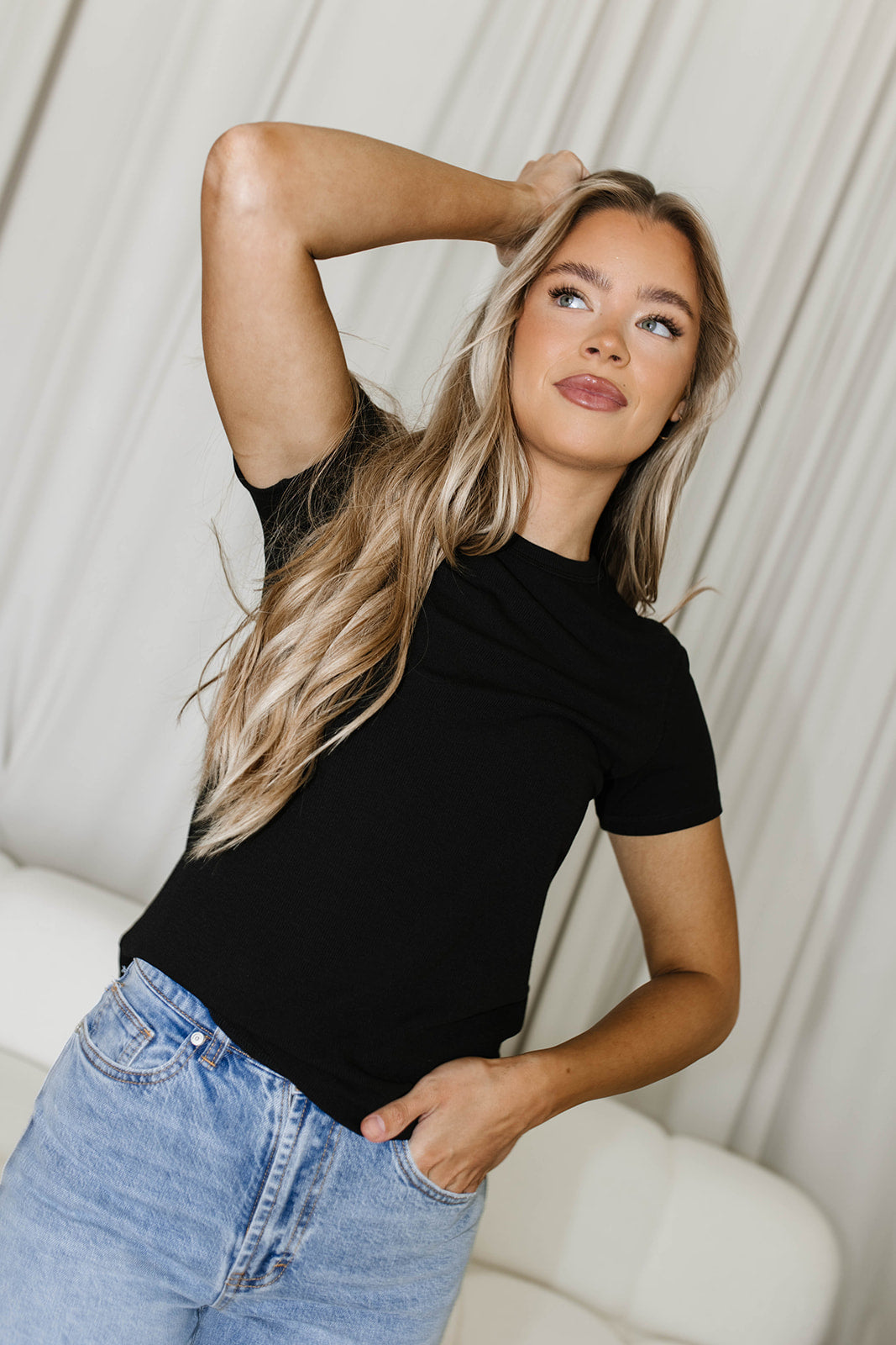 Phoenix Ribbed Knit Tee - Soft Black Cotton T-Shirt for Women | Casual Wear & Layering Essential