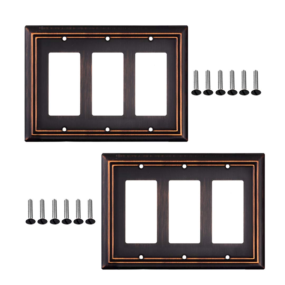 SLEEKLIGHTING Oil Rubbed Bronze Outlet Covers & Switch Plates - Decorative Wall Plate Light Switch Cover Beveled Edge - Variety of Styles: Decorator/Duplex/Toggle/Combo - 3 Gang Decorator Size (2 Pack) - Perfect for Living Room, Bedroom & Office Decor