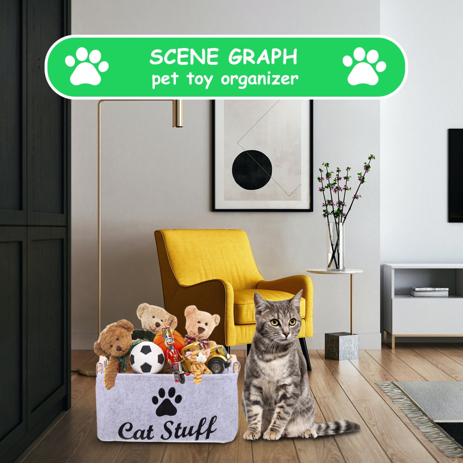 POPETPOP Cat Toy Storage Basket with Handle - Collapsible Organizer Box for Cat Toys, Apparel & Accessories (Grey) - Perfect for Pet Playroom, Living Room & Bedroom Organization