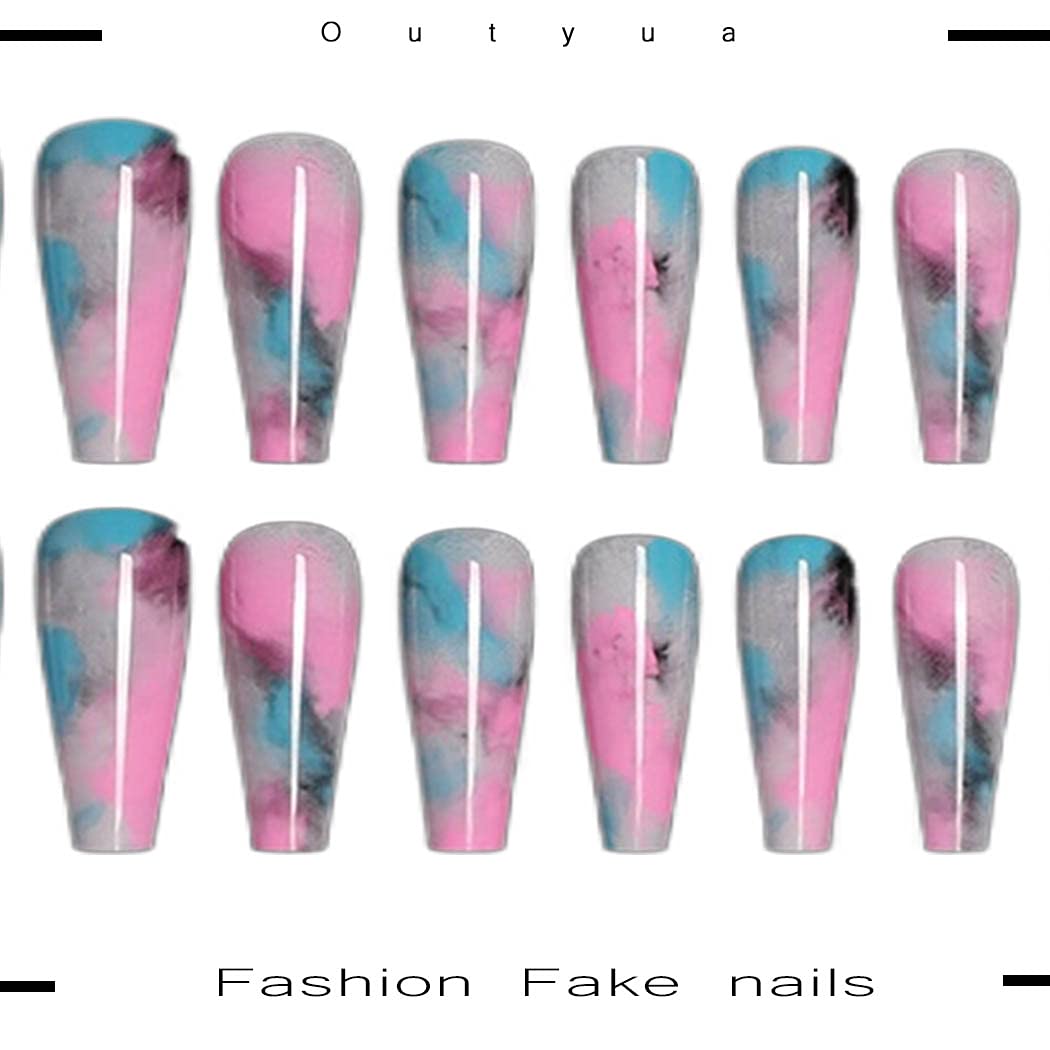 24Pcs Glossy Smoke Pattern Coffin Extra Long Press on Fake Nails - Ballerina Acrylic Super Long False Nails with Designer Full Cover - Artificial Nails for Women & Girls (Colorful) | Perfect for Parties, Weddings, and Special Occasions