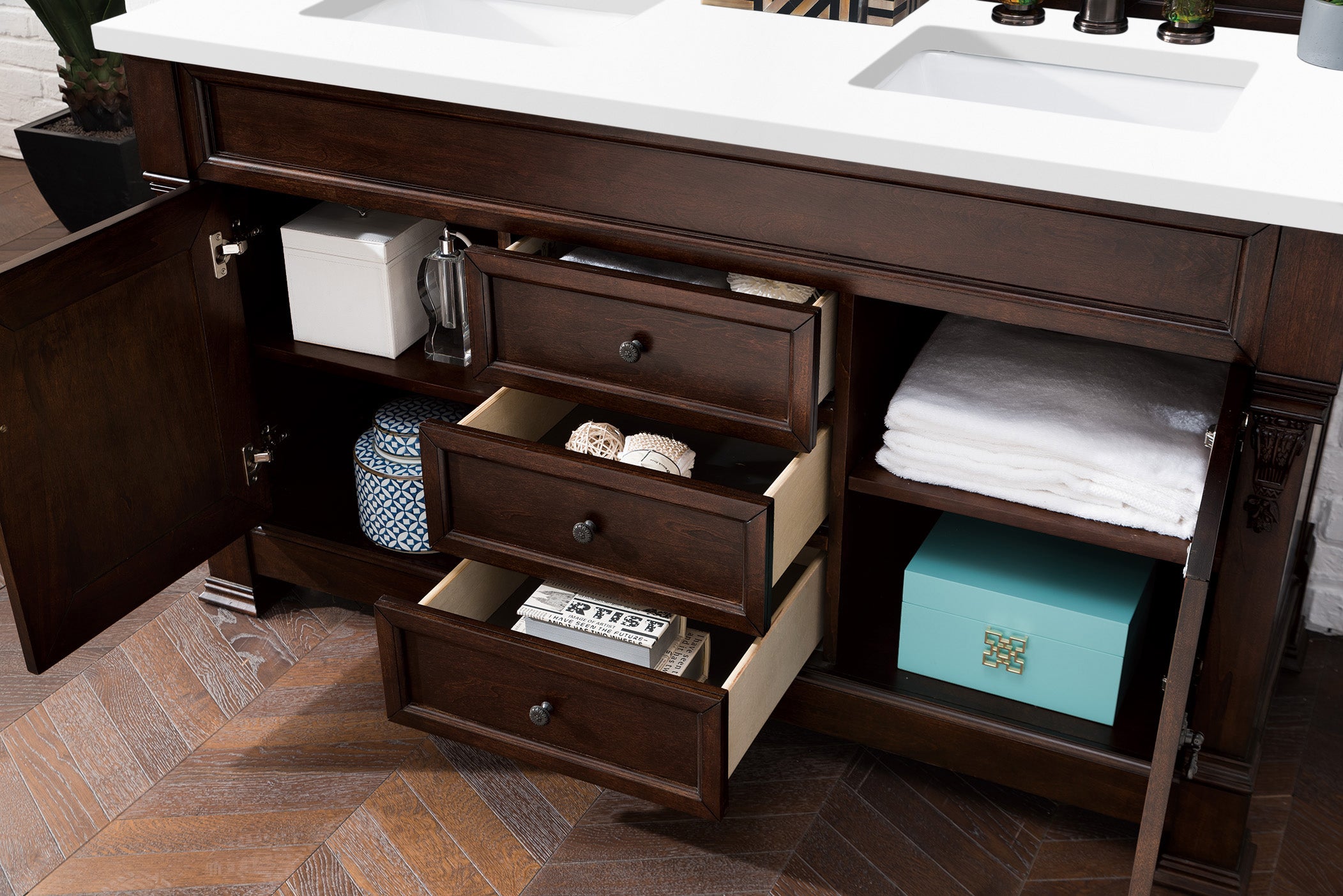 Brookfield 60-Inch Double Vanity with Burnished Mahogany Base & 3CM White Zeus Quartz Top - Perfect for Master Bathroom & Luxury Home Renovation