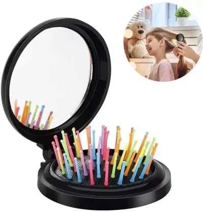 Foldable Travel Hair Comb with Mirror - Black Round Pocket Hairbrush for Women & Men | Perfect for Travel, Makeup, Gifting (Friends, Family, Lovers) | Compact Personal Care Accessory for Purse, Gym Bag & On-the-Go Styling