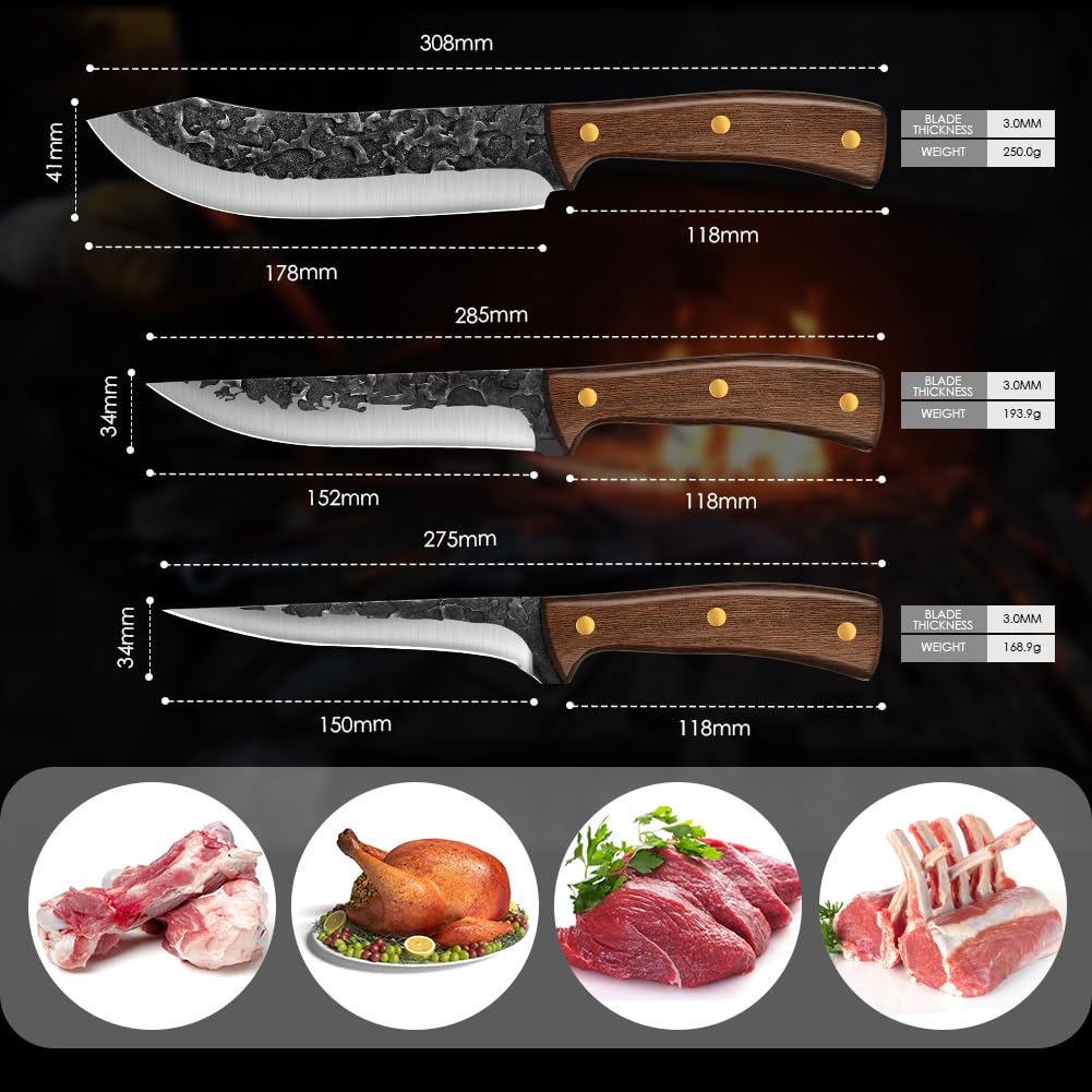 **UniqueFire 3-Piece Professional Chef Knife Set - High Carbon Steel Hand-Forged Kitchen Knives with Ergonomic Wood Handle - Sharp Butcher & Meat Cleaver Knives for Home & Restaurant - Perfect for Cooking, Slicing, and Meat Preparation**