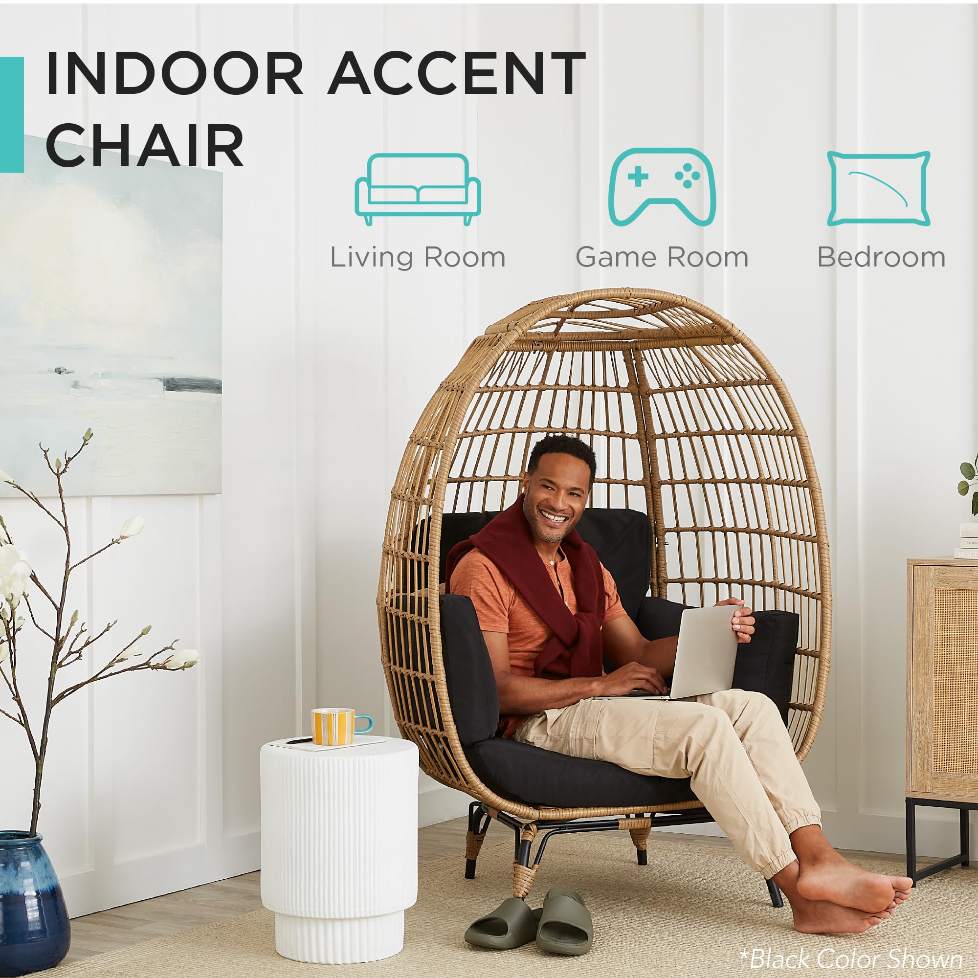 Best Choice Products Oversized Wicker Egg Chair - Indoor/Outdoor Hanging Lounger with 4 Cushions & Steel Frame (440lb Capacity, Ivory) - Perfect for Patio, Backyard, Living Room & Relaxation Spaces