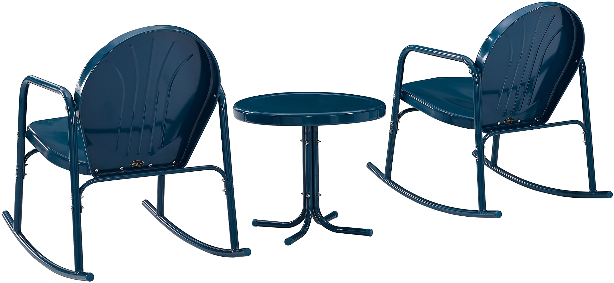 Crosley Furniture Griffith 3-Piece Outdoor Rocking Chair and Side Table Set - Retro Metal Bistro Patio Set in Navy Gloss - Perfect for Porch, Garden, Backyard & Outdoor Relaxation