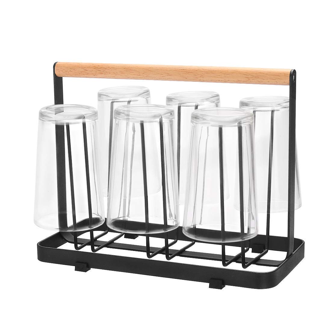 CARTBURG 6-Slot Black Glass Holder with Wooden Handle - Kitchen Mug & Cup Organizer Shelf, Drinkware Drying Rack with Hooks - Perfect for Dining Room, Coffee Bar & Kitchen Counter Organization