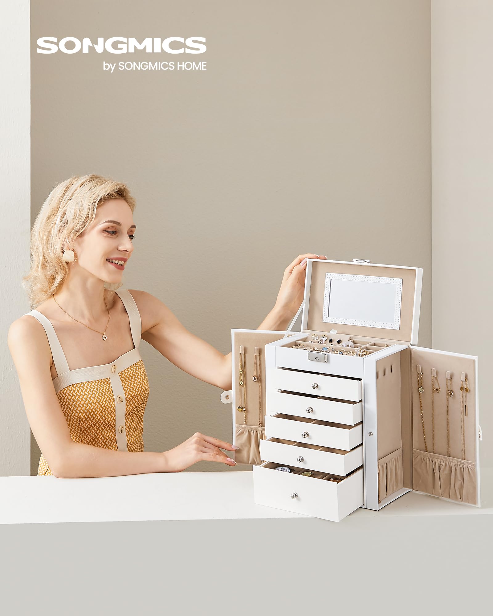 SONGMICS 6-Tier Jewelry Organizer Box with Mirror & Lock - 5 Drawer Large Capacity Watch & Jewelry Storage Case, Perfect Gift for Women - Ideal for Bedroom Vanity, Travel & Wedding Jewelry Organization (White UJBC152W01)