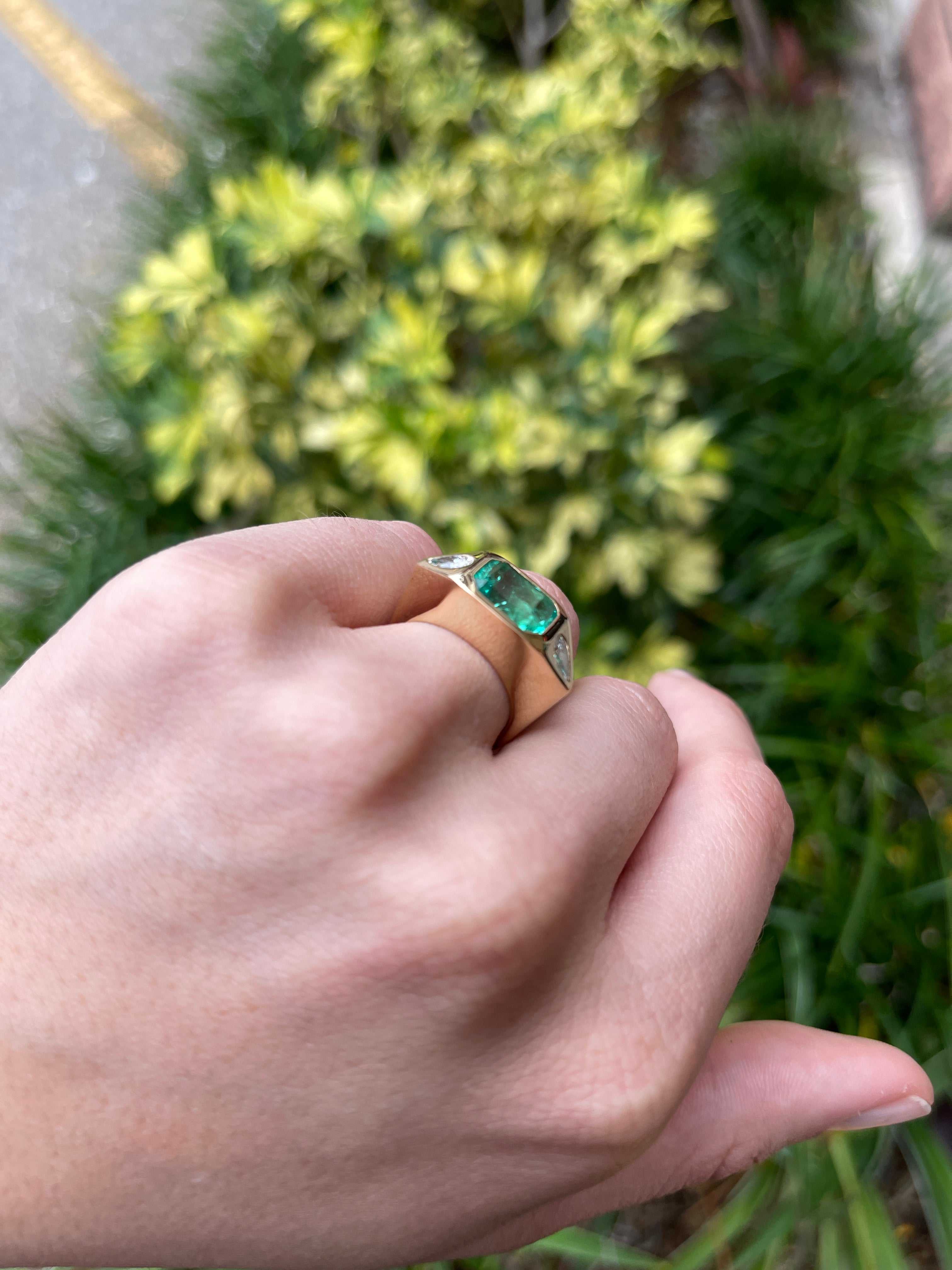 18K Gold Three Stone Emerald Cut Emerald & VVS Pear Cut Diamond Gypsy Ring - 4.62tcw AAA Quality for Engagement, Wedding & Anniversary Gifts