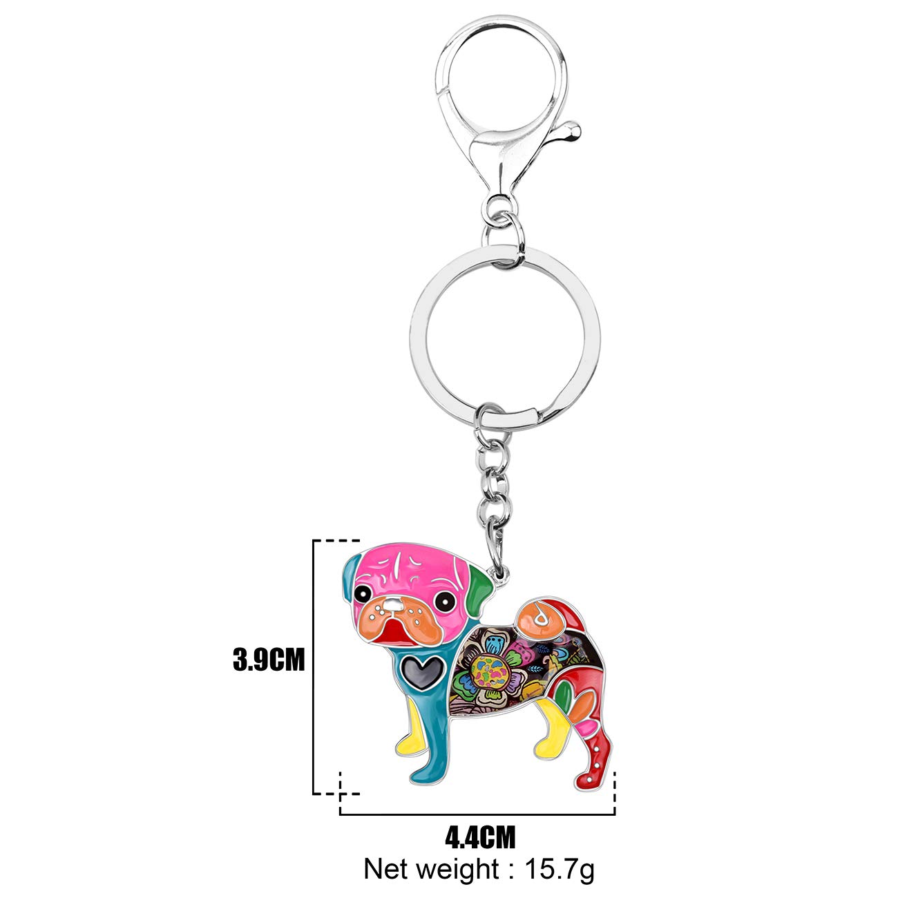 BONSNY Enamel Metal Floral Pug Dog Keychain - Cute Animal Keyring for Women, Car Keys, Purse & Bag Accessories - Perfect Gift for Dog Lovers & Pet Owners