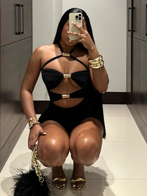 ZASUWA Women's Sexy Halter Hollow Out Scrunch Butt Short Romper Jumpsuit - Perfect for Beach, Pool Party & Summer Vacation Outfits