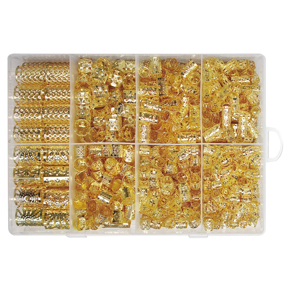 682 Pcs Gold Hair Braid Cuffs & Dreadlock Beads Jewelry Set - Filigree Tube Decorations for DIY Braiding with Storage Box - Perfect for Festival, Cosplay & Boho Hairstyles