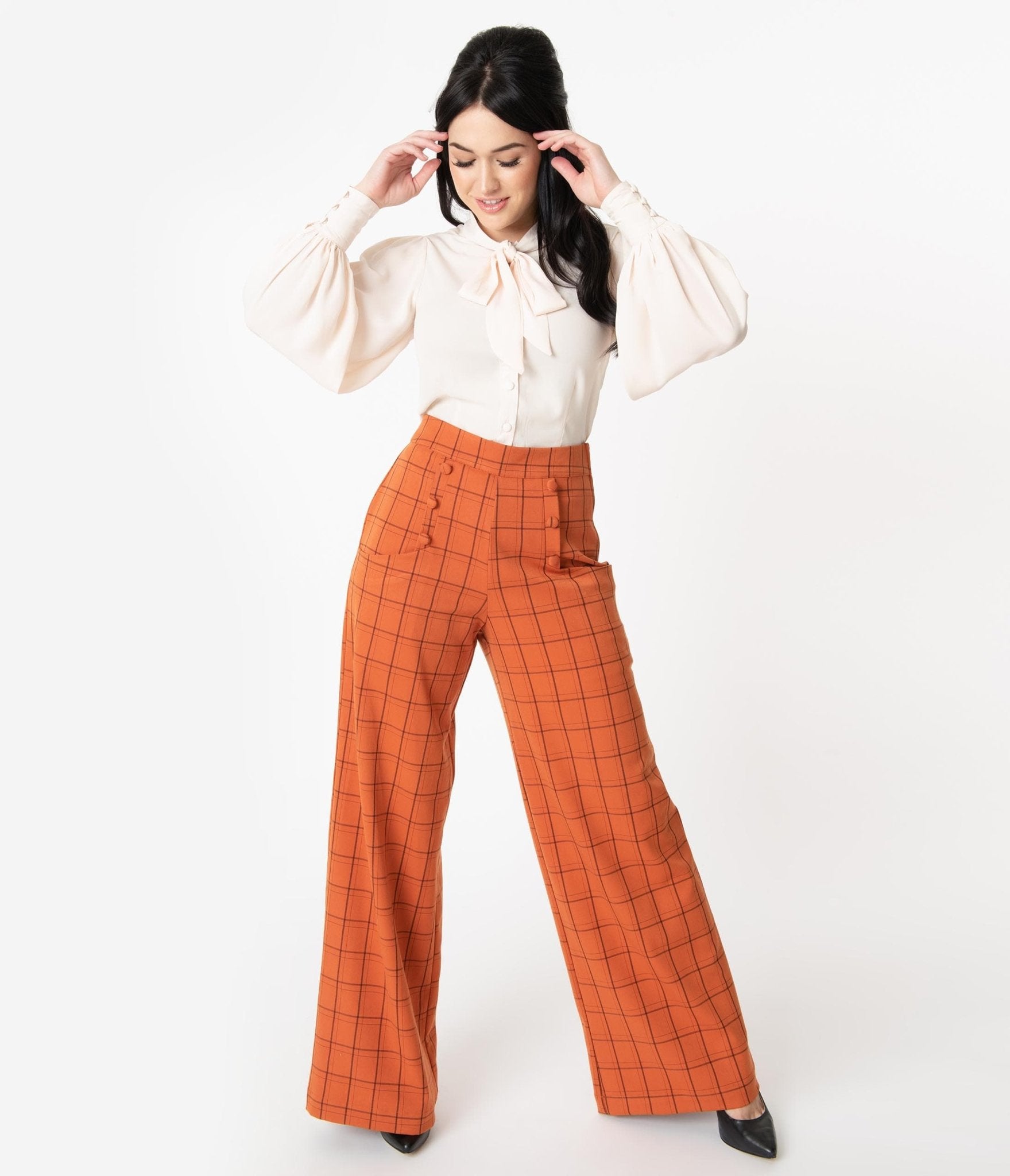 Vintage 1940s Orange Windowpane High Waist Ginger Pants - Retro Women's Trousers for Casual Wear & Costume Parties