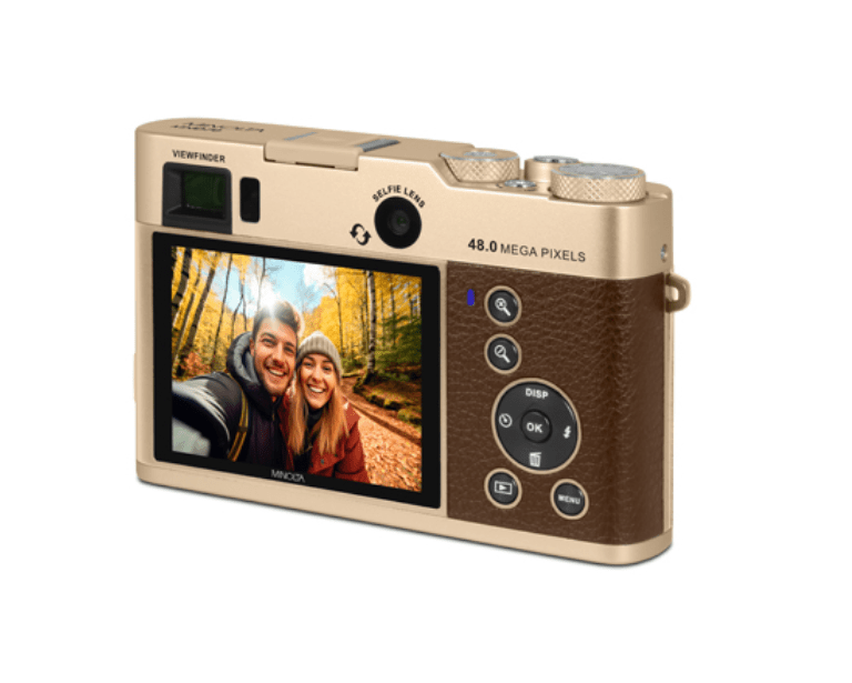 MINOLTA MND70 Retro 48MP Autofocus Camera - 5K Ultra HD Dual Lens with WiFi (Gold/Brown) - Perfect for Travel Photography & Vlogging