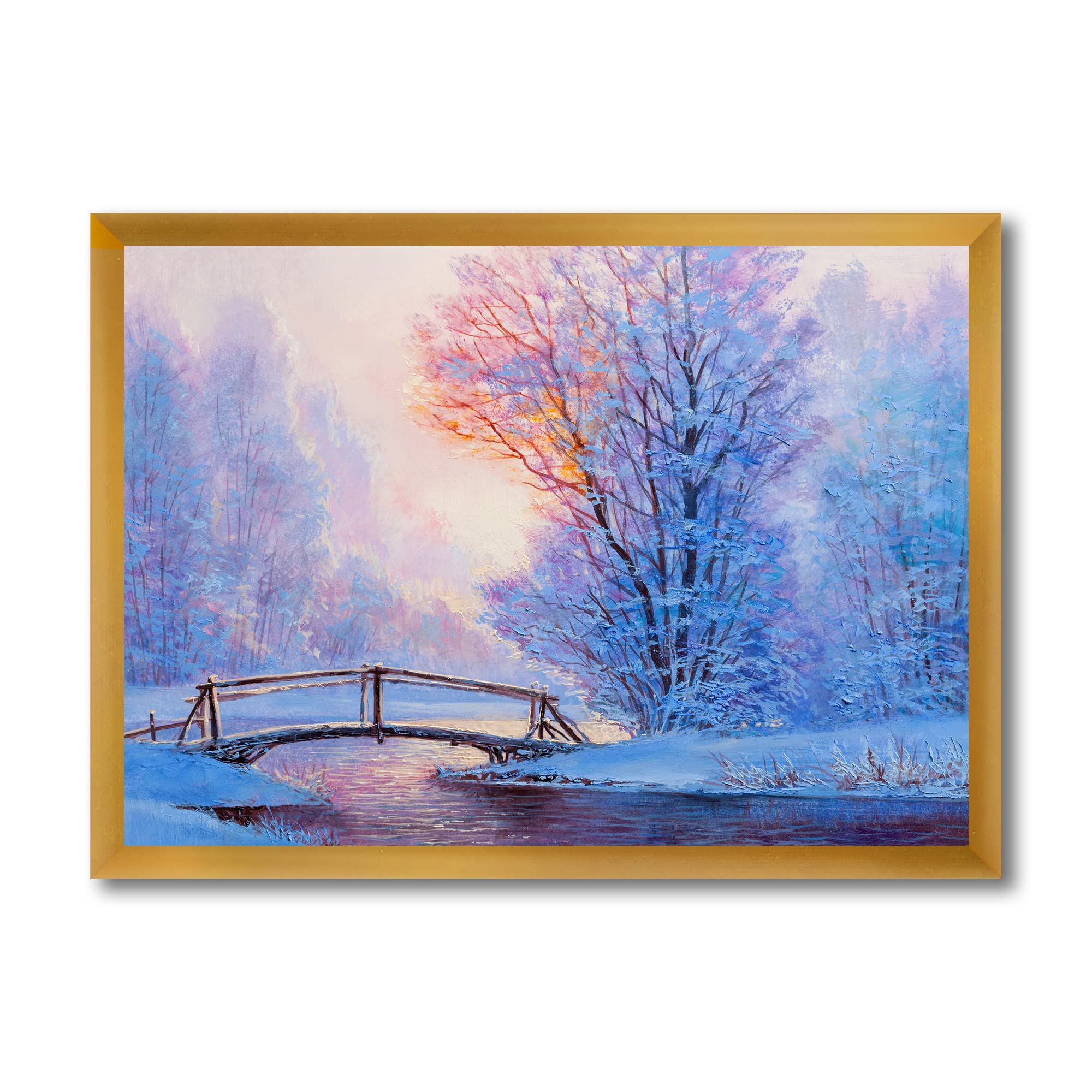 Winter Landscape River Bridge Lake House Framed Wall Art - Perfect for Living Room, Bedroom & Office Decor