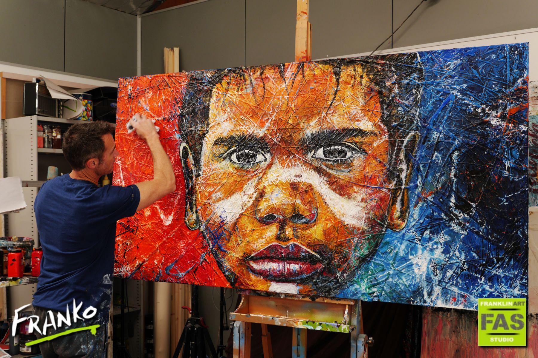 Boy Warrior Blu 190cm x 100cm Aboriginal Warrior Abstract Realism Textured Canvas Art - Perfect for Living Room Wall Decor, Office Artwork & Cultural Home Accents