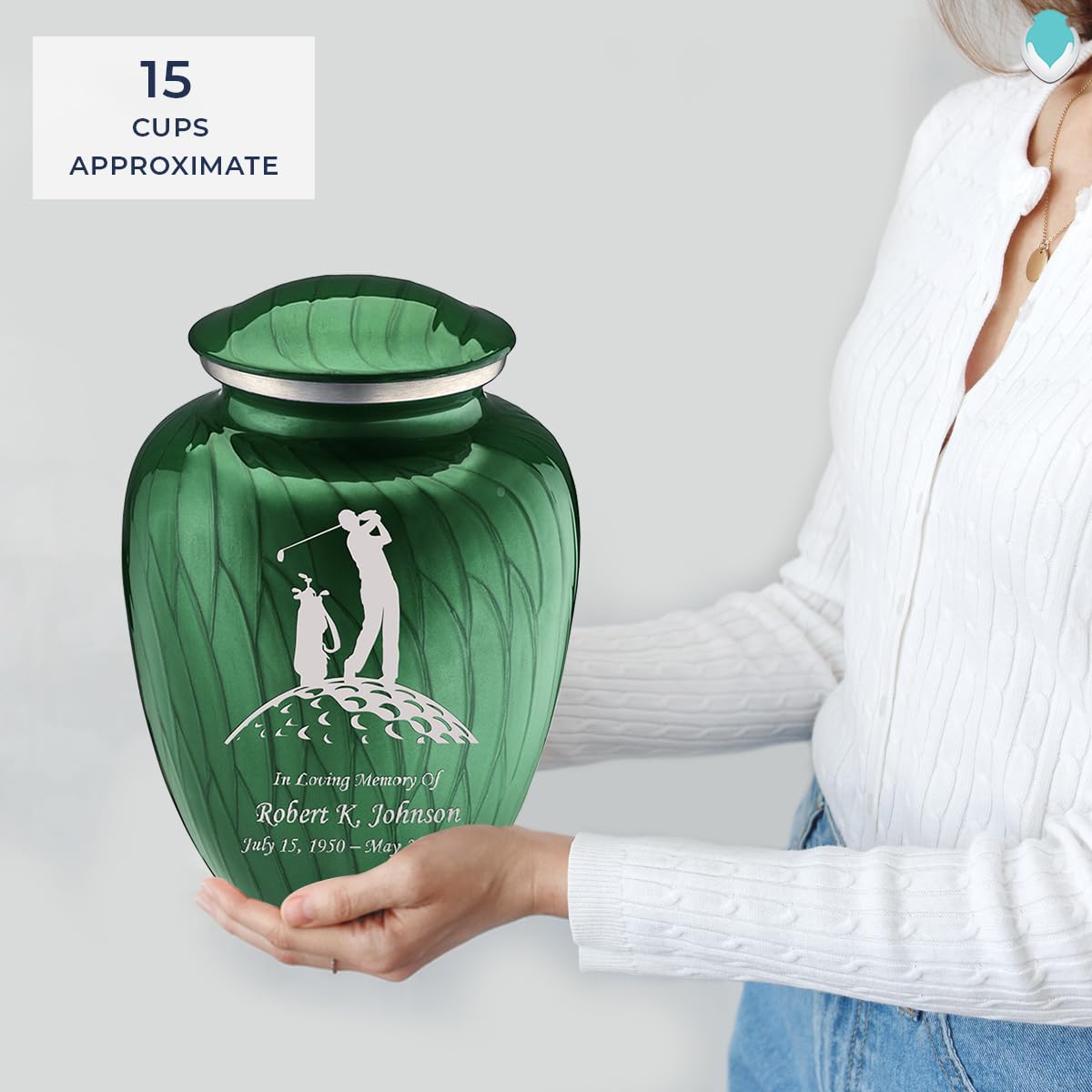Personalized Golf Cremation Urn for Ashes - Large Pearl Green Funeral Urn for Men & Women with Double-Side Engraving (Holds 200 lbs) - Perfect for Memorials, Golf Enthusiasts & Funeral Services