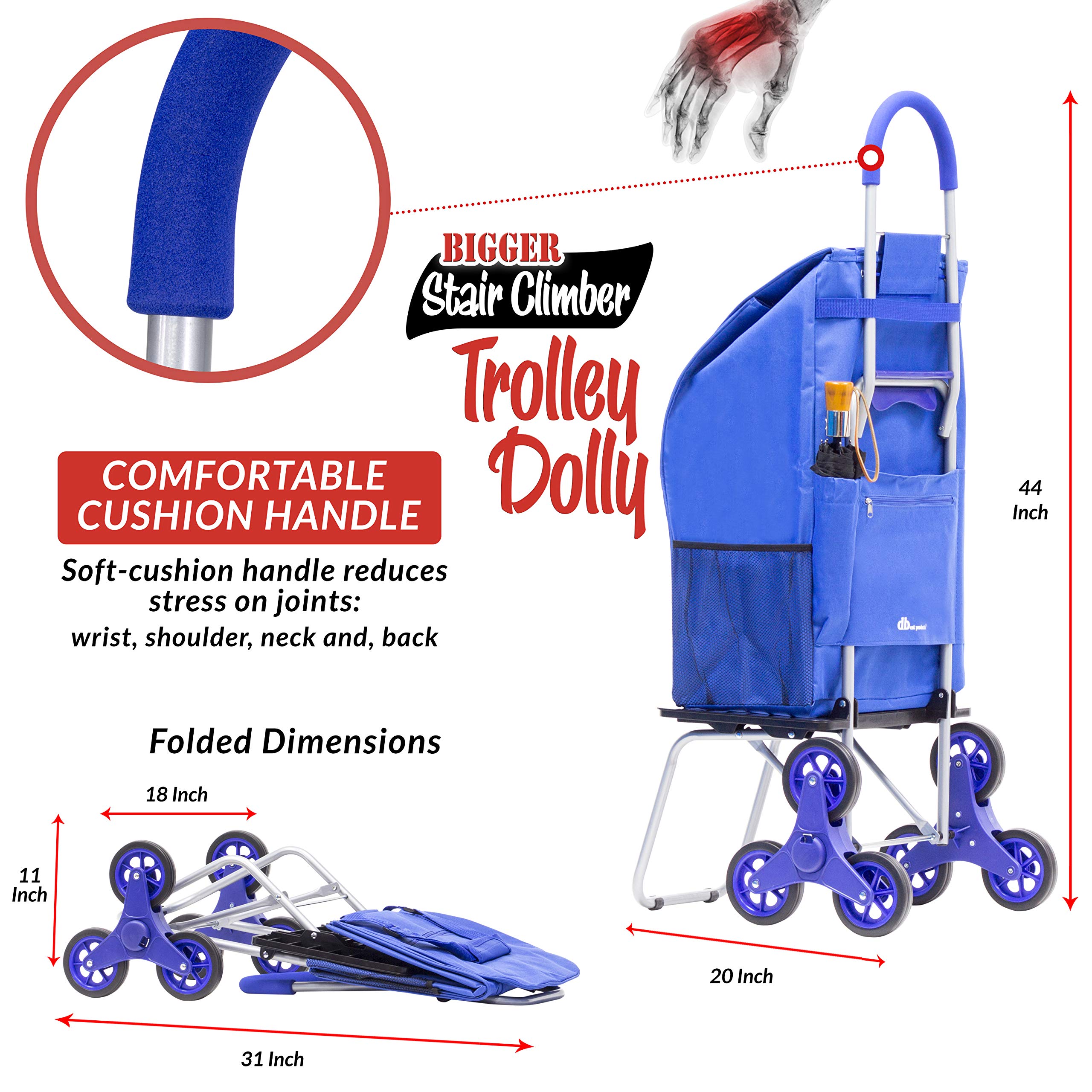 Best Foldable Stair Climbing Cart - Heavy Duty Grocery Shopping Trolley with Wheels for Apartments & Condos | Portable Blue Utility Dolly for Stairs, Supermarkets & Home Use